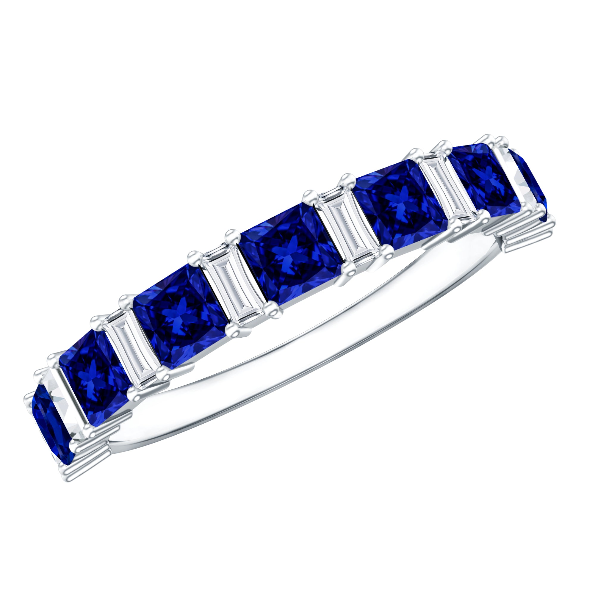 Princess Cut Lab Grown Blue Sapphire Half Eternity Ring with Diamond AAAA - Rosec Jewels