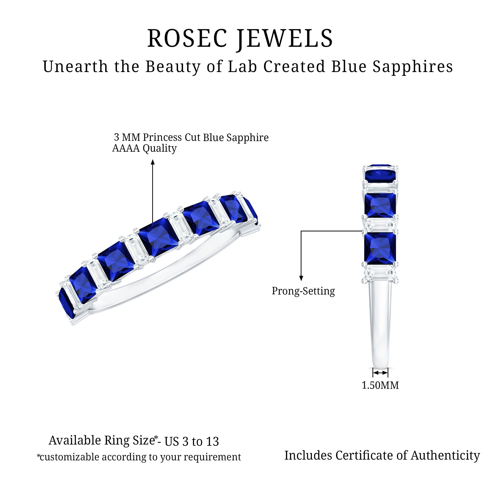 Princess Cut Lab Grown Blue Sapphire Half Eternity Ring with Diamond AAAA - Rosec Jewels
