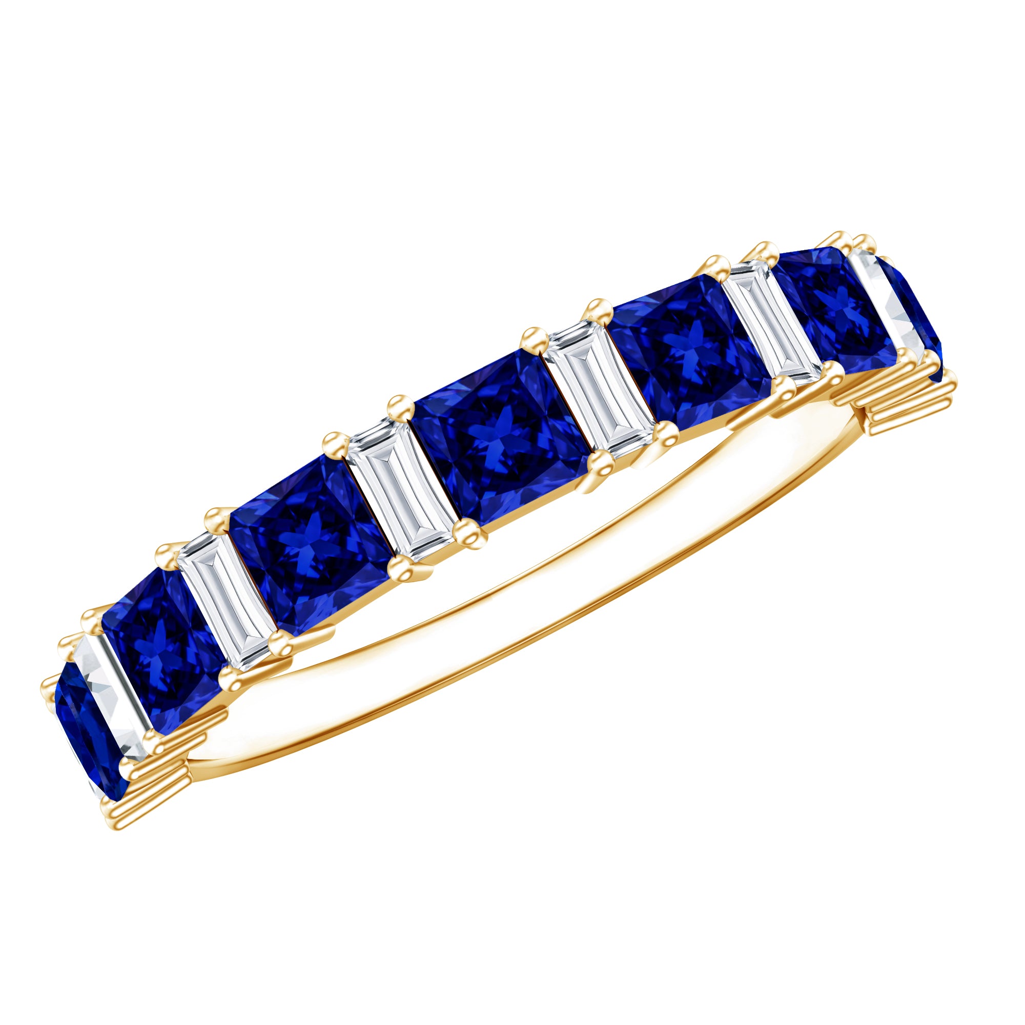 Princess Cut Lab Grown Blue Sapphire Half Eternity Ring with Diamond AAAA - Rosec Jewels