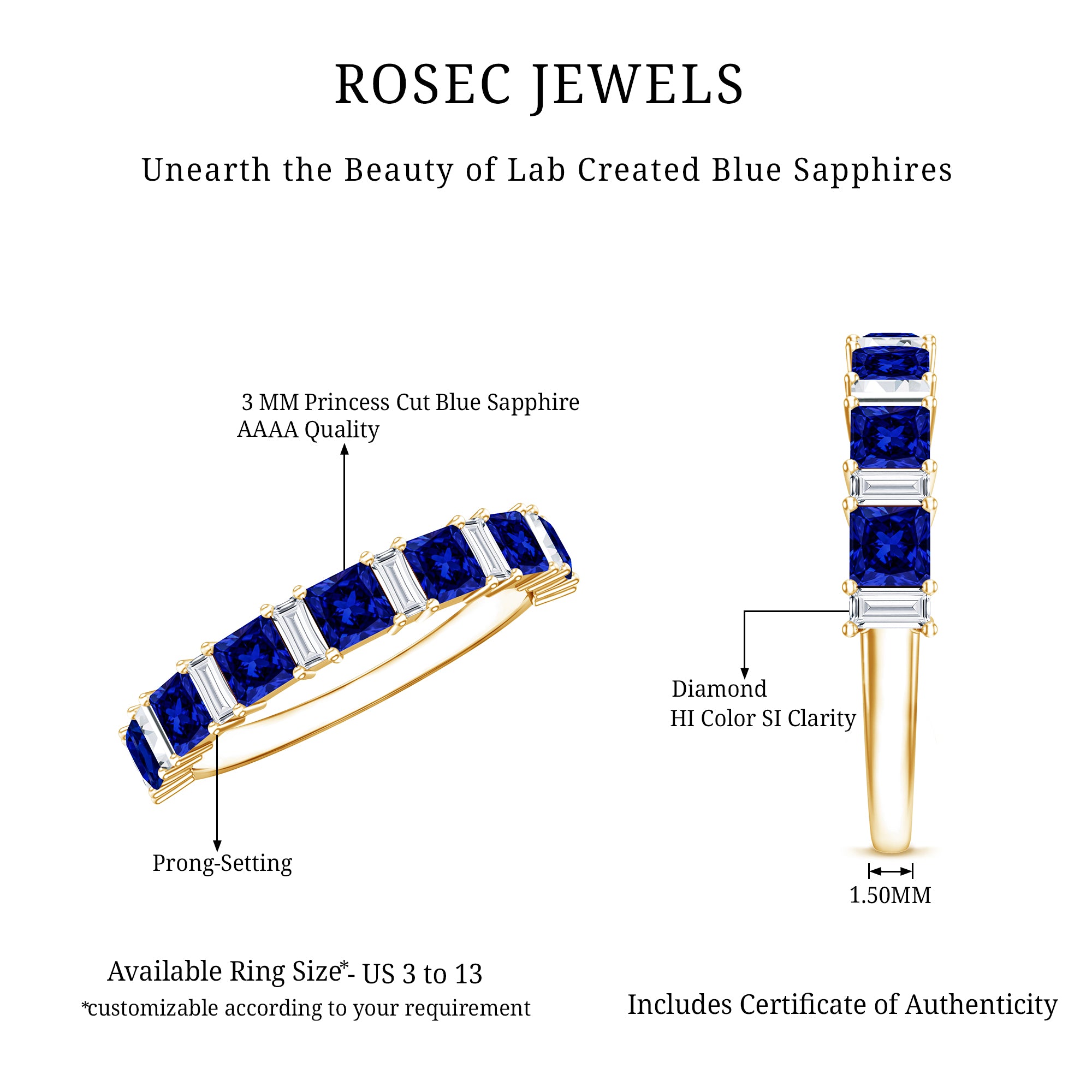 Princess Cut Lab Grown Blue Sapphire Half Eternity Ring with Diamond AAAA - Rosec Jewels
