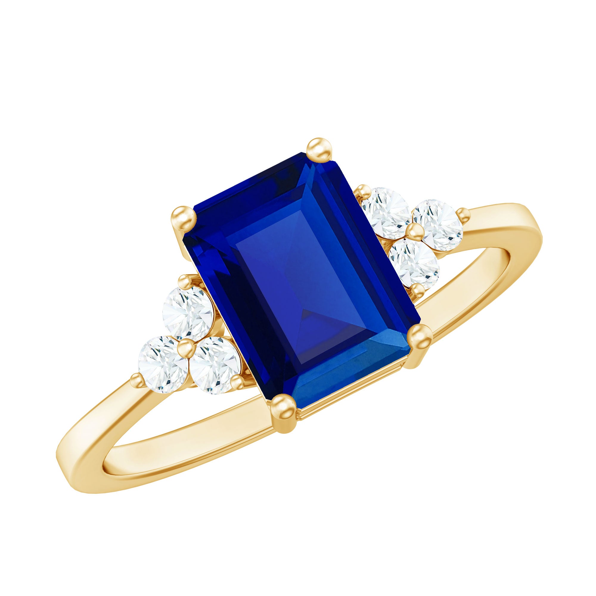 Emerald Cut Lab Created Blue Sapphire Engagement Ring with Diamond Accent AAAA - Rosec Jewels