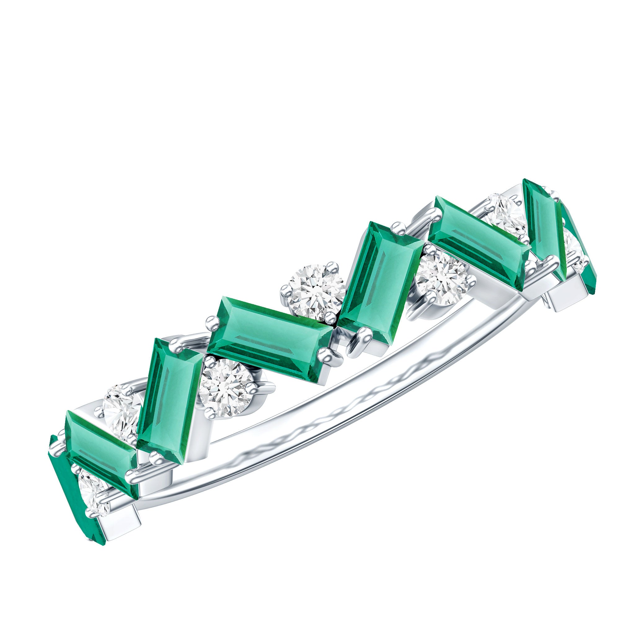 Baguette Shape Lab Grown Emerald and Diamond Half Eternity Ring AAAA - Rosec Jewels
