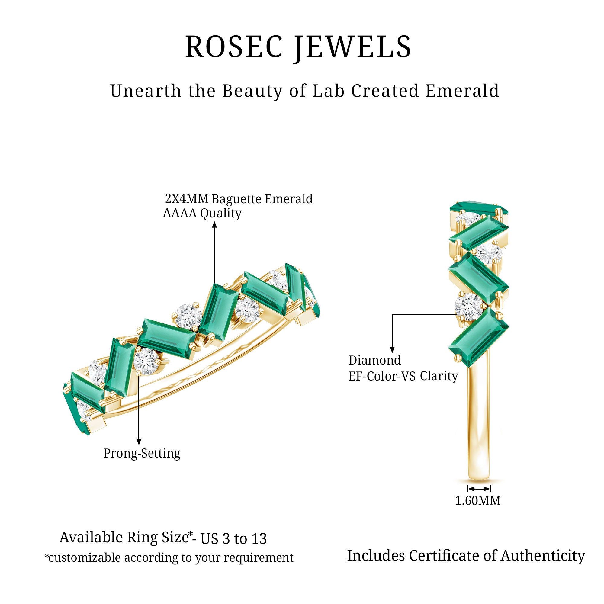 Baguette Shape Lab Grown Emerald and Diamond Half Eternity Ring AAAA - Rosec Jewels