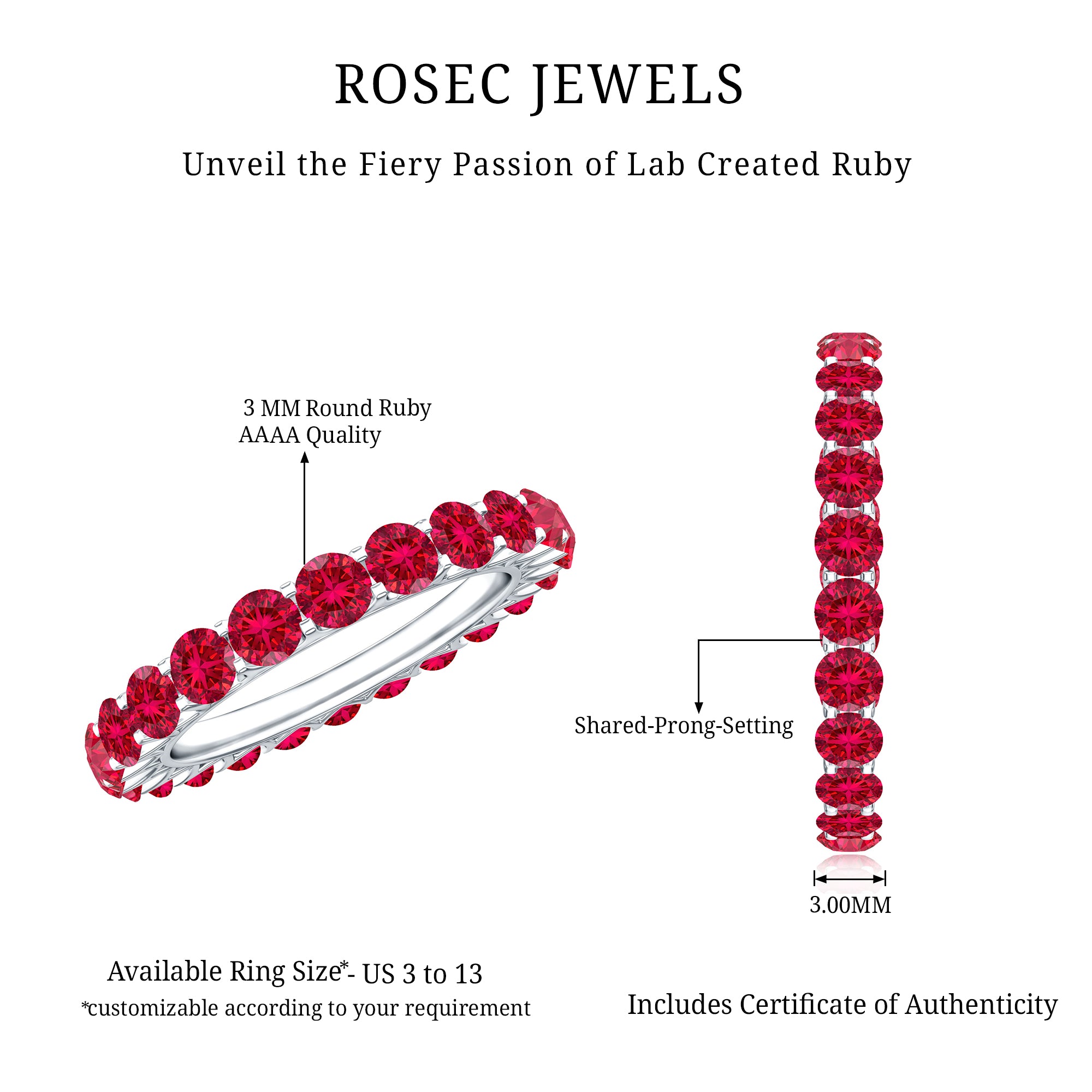 Shared Prong Set Round Created Ruby Full Eternity Band Ring AAAA - Rosec Jewels