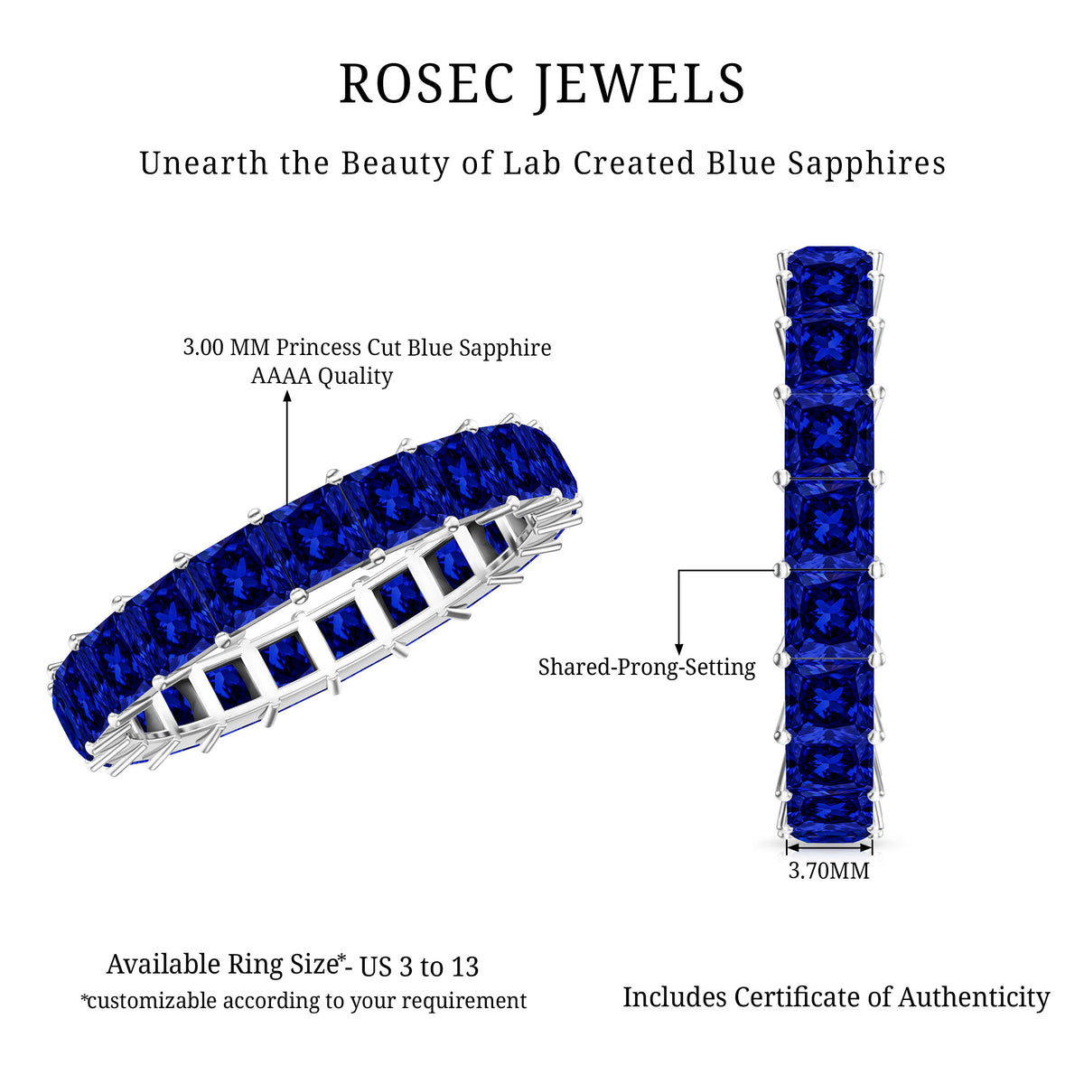 Princess Cut Lab Grown Blue Sapphire Full Eternity Band AAAA - Rosec Jewels