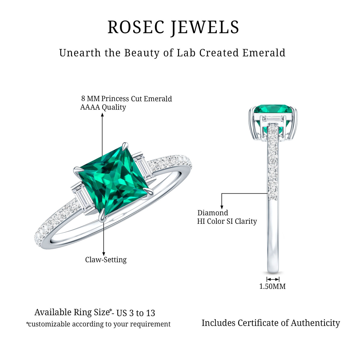 Lab Grown Emerald Diamond 3 Stone Engagement Ring with Certificate AAAA - Rosec Jewels