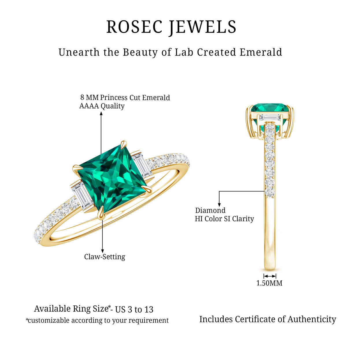 Lab Grown Emerald Diamond 3 Stone Engagement Ring with Certificate AAAA - Rosec Jewels