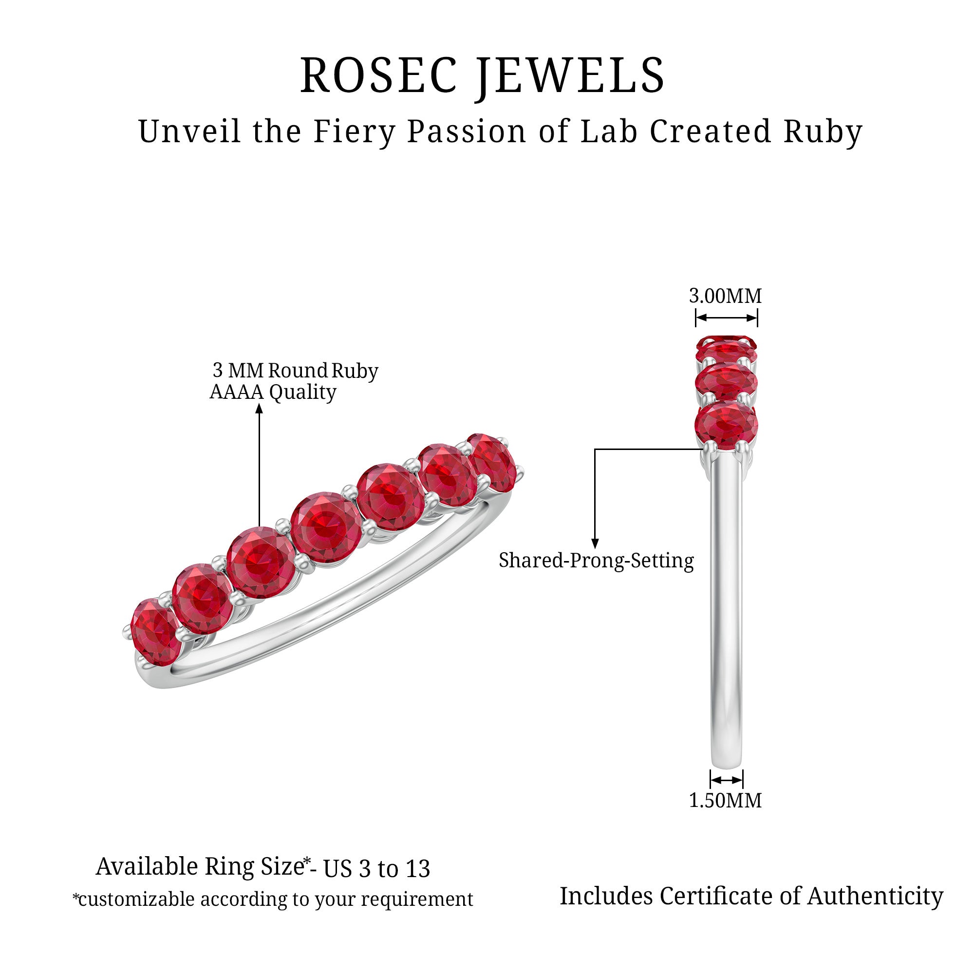 1 Carat Lab Created Ruby Half Eternity Wedding Band AAAA - Rosec Jewels