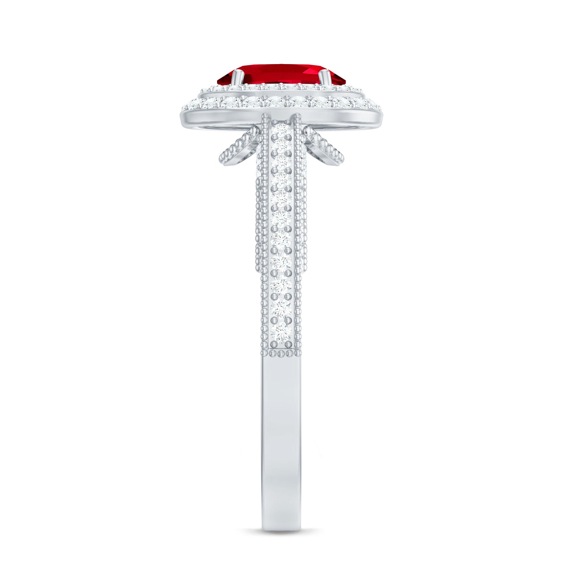 Rosec Jewels-Oval Created Ruby Double Halo Engagement Ring with Diamond
