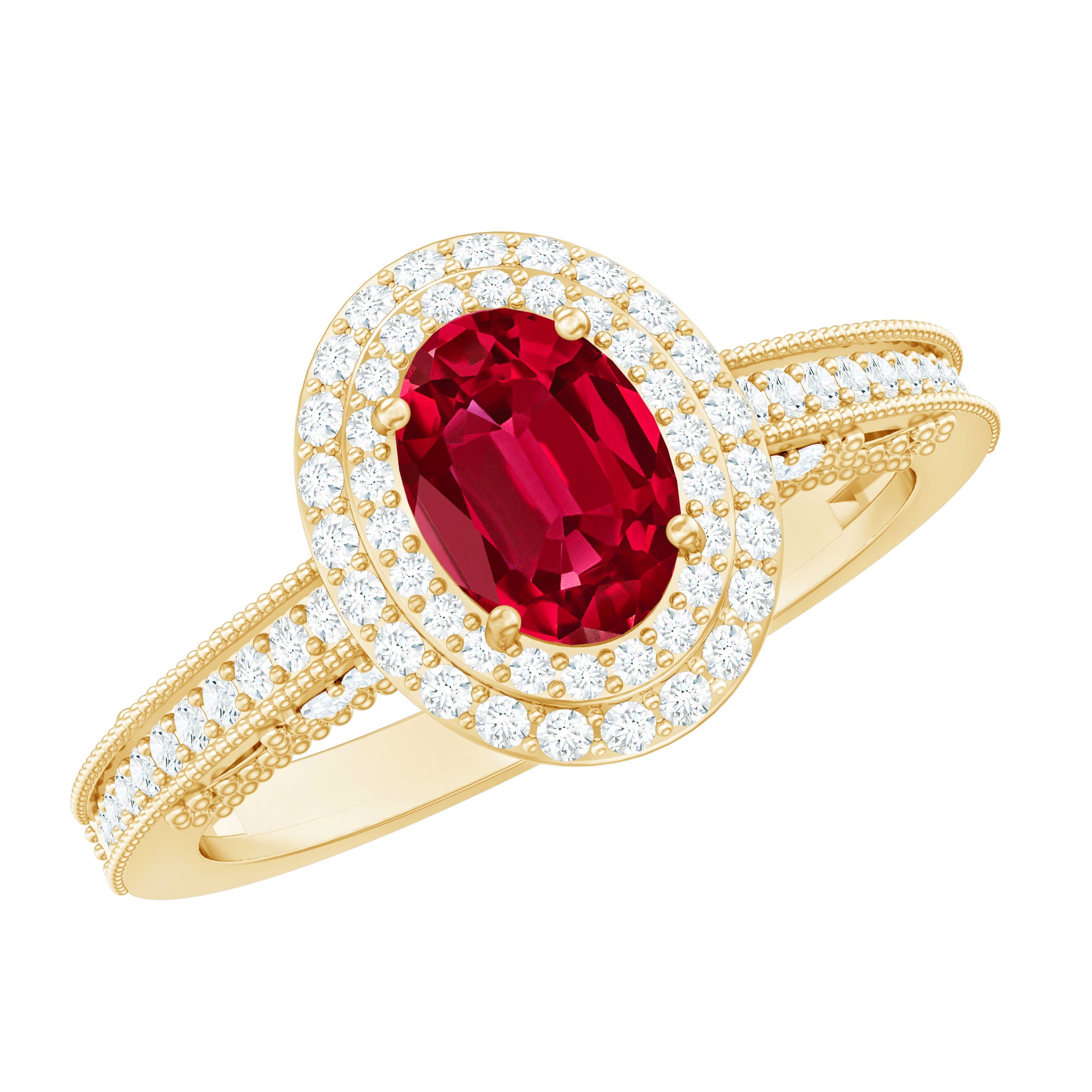 Oval Created Ruby Double Halo Engagement Ring with Diamond AAAA - Rosec Jewels