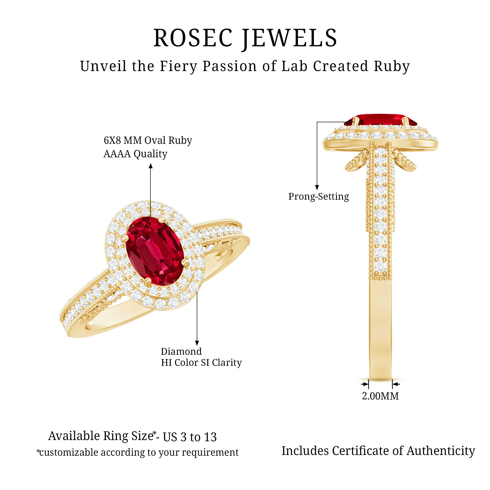 Rosec Jewels-Oval Created Ruby Double Halo Engagement Ring with Diamond