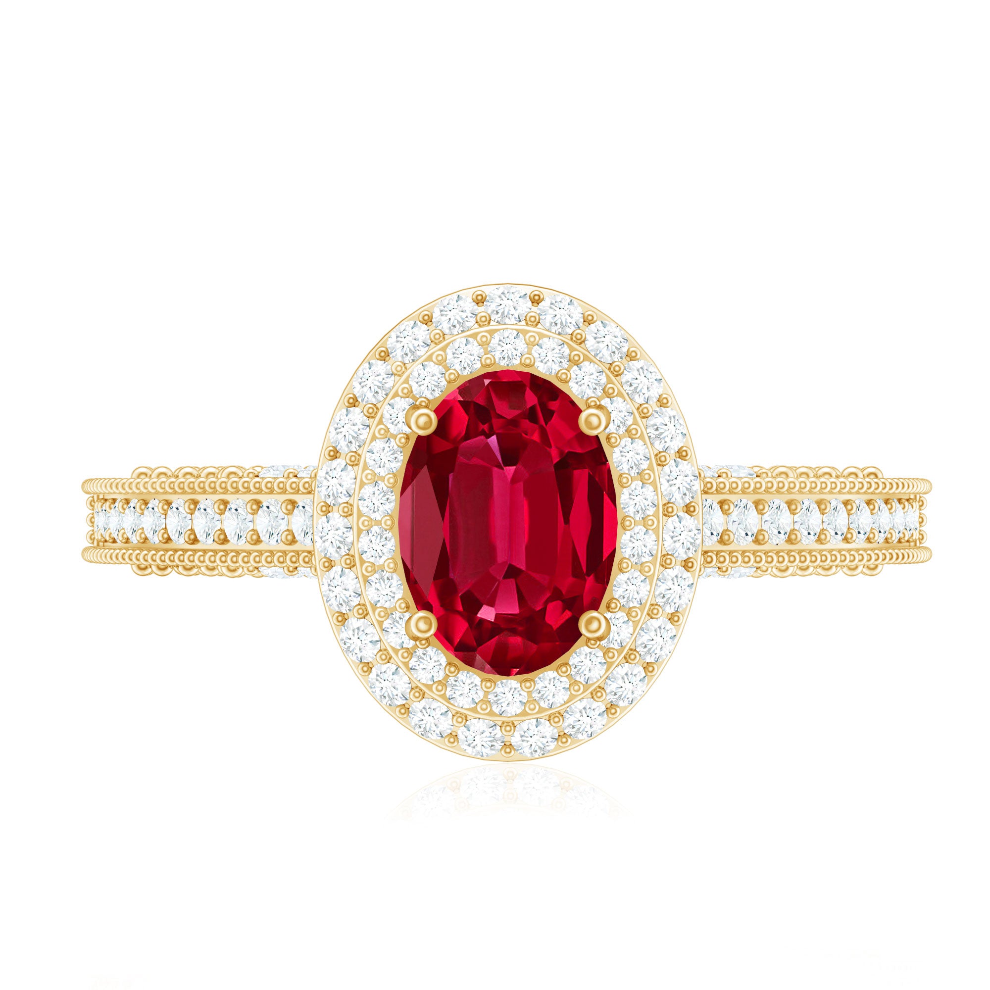 Rosec Jewels-Oval Created Ruby Double Halo Engagement Ring with Diamond