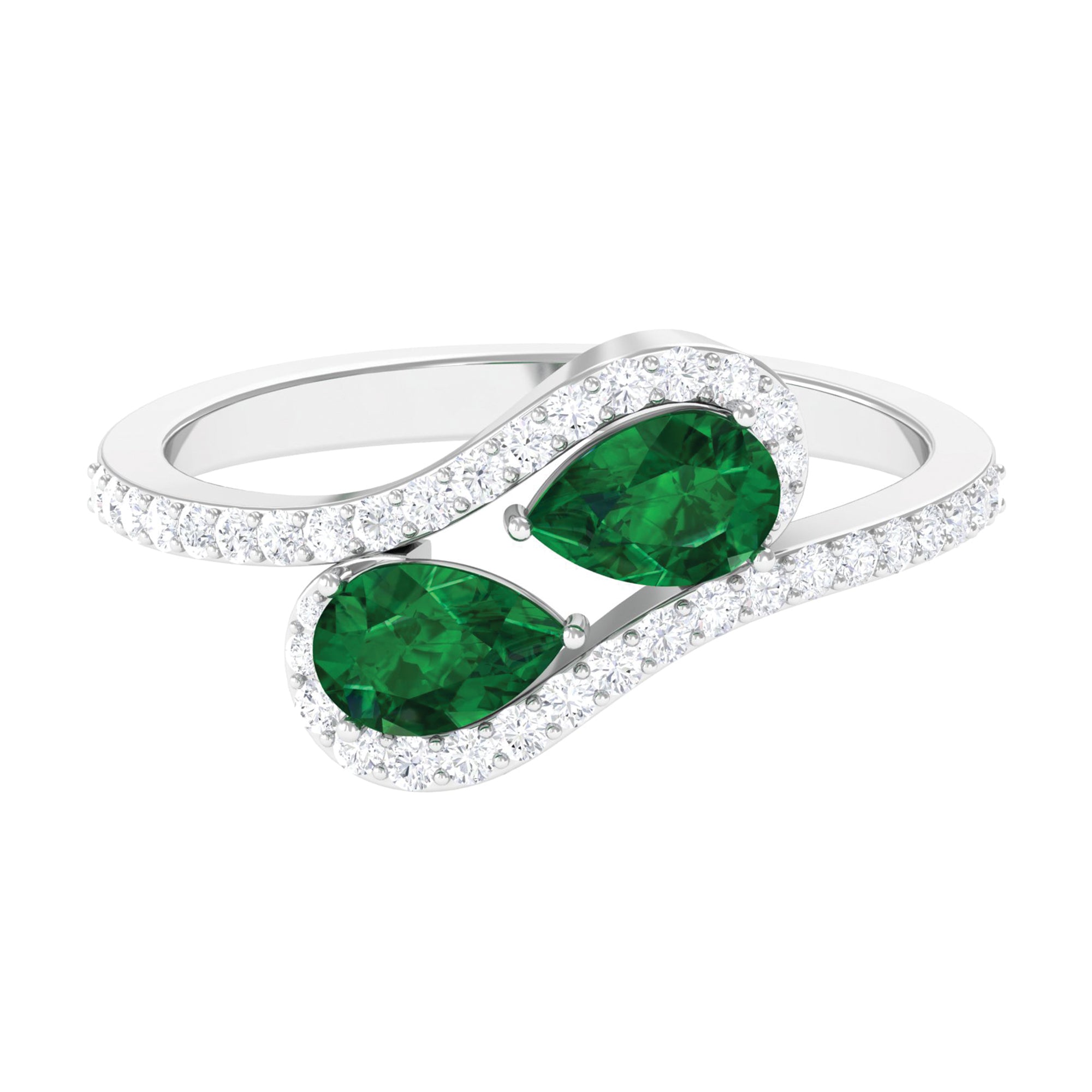 Pear Shape Created Emerald and Diamond Bypass Engagement Ring