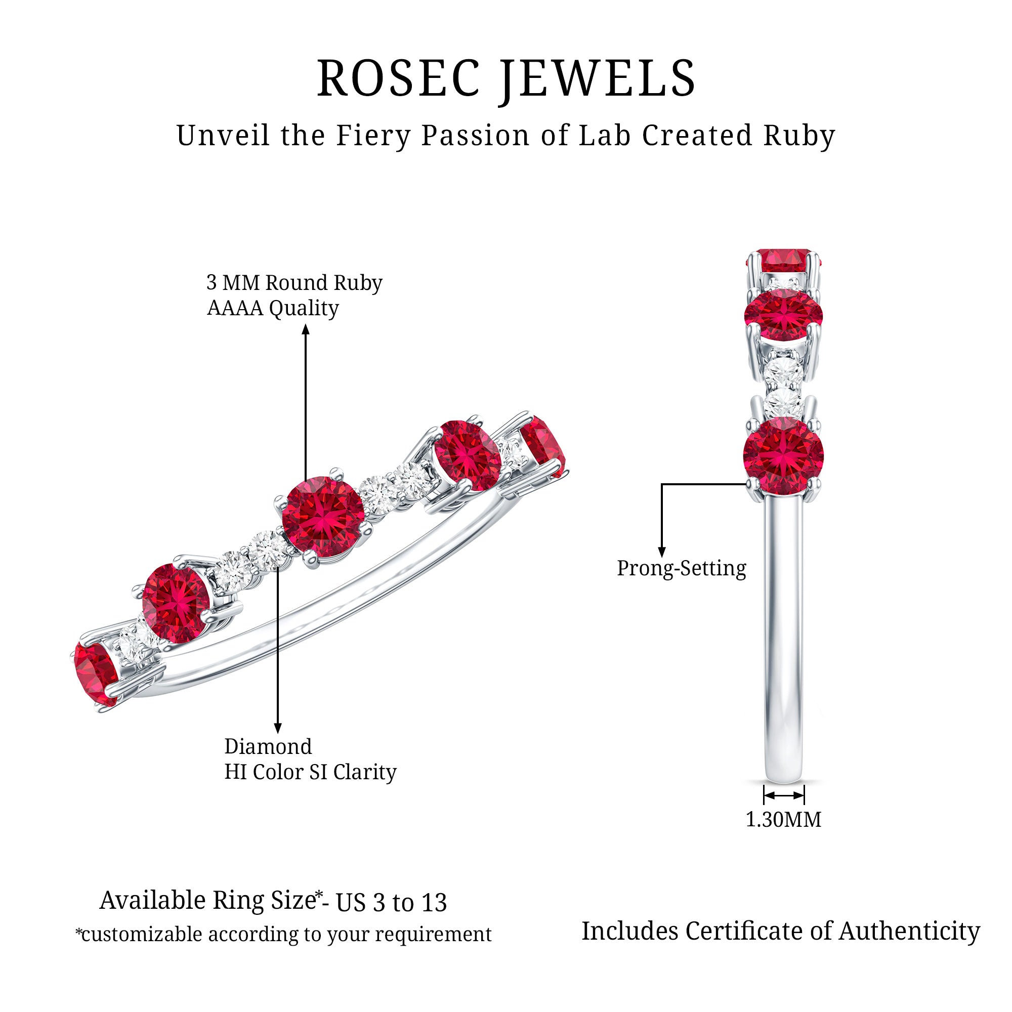 Lab Created Ruby and Diamond Half Eternity Stackable Ring AAAA - Rosec Jewels