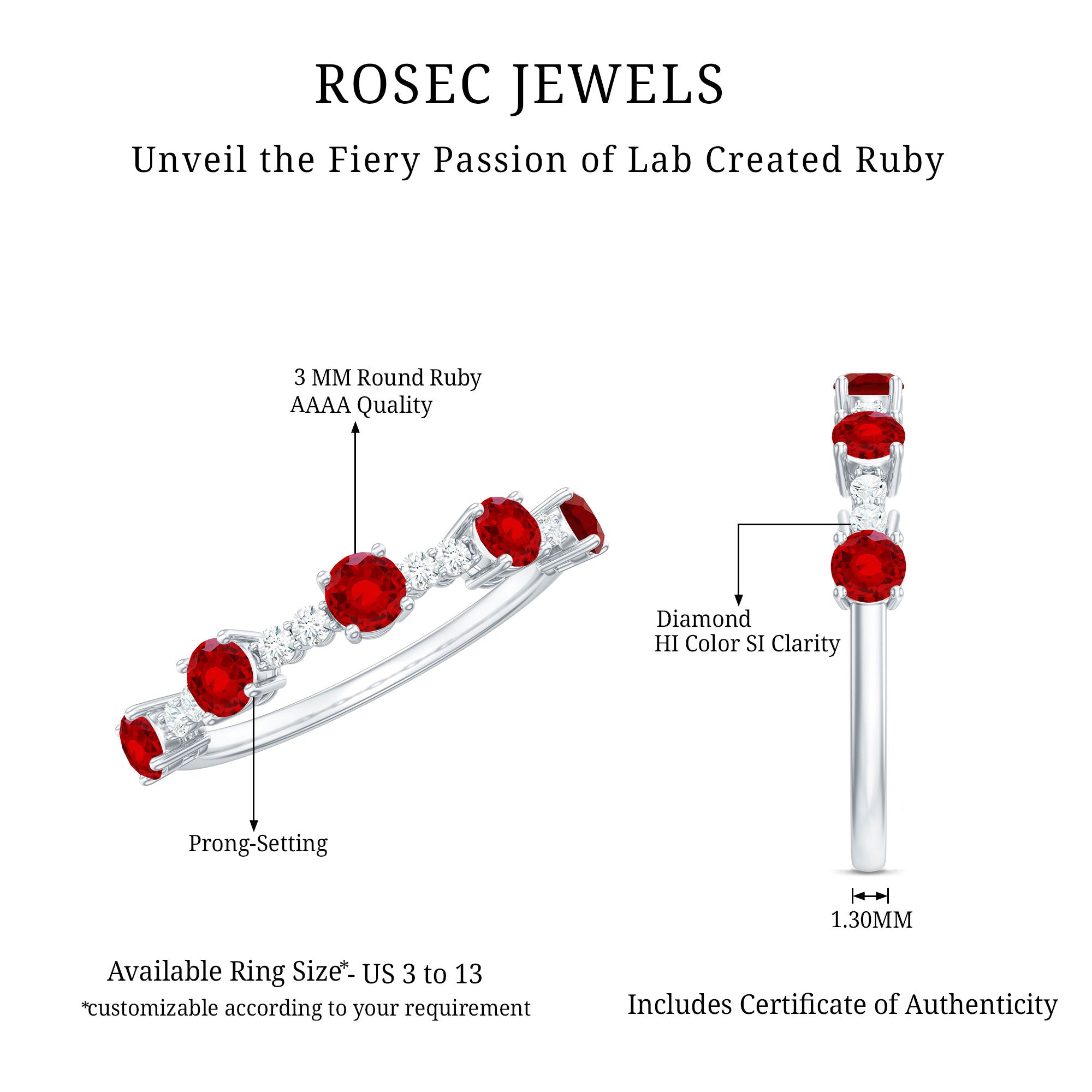 Rosec Jewels-Lab Created Ruby and Diamond Half Eternity Stackable Ring