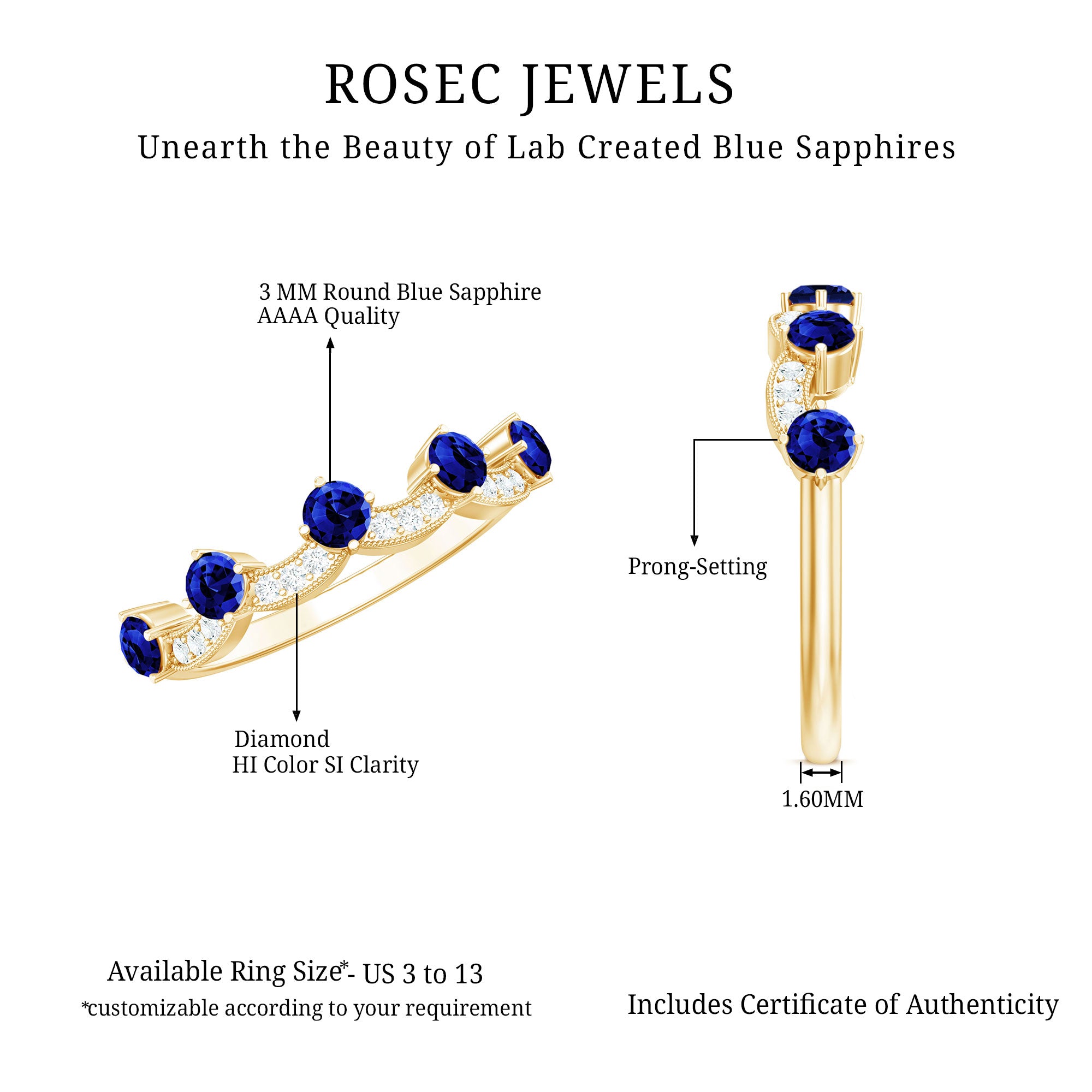 Certified Lab Grown Blue Sapphire Diamond Half Eternity Ring for Anniversary AAAA - Rosec Jewels