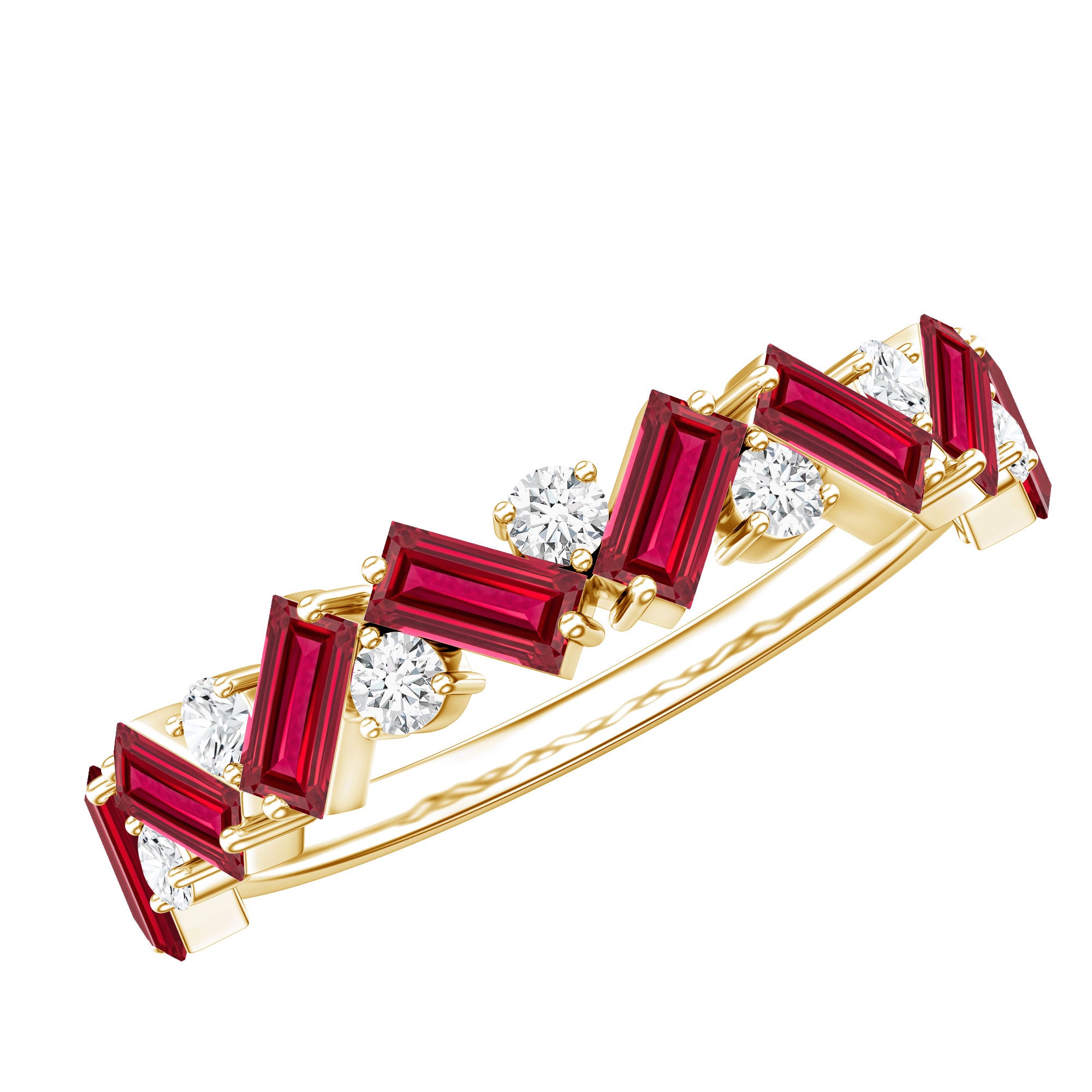 Baguette Shape Lab Grown Ruby Half Eternity Band with Diamond AAAA - Rosec Jewels