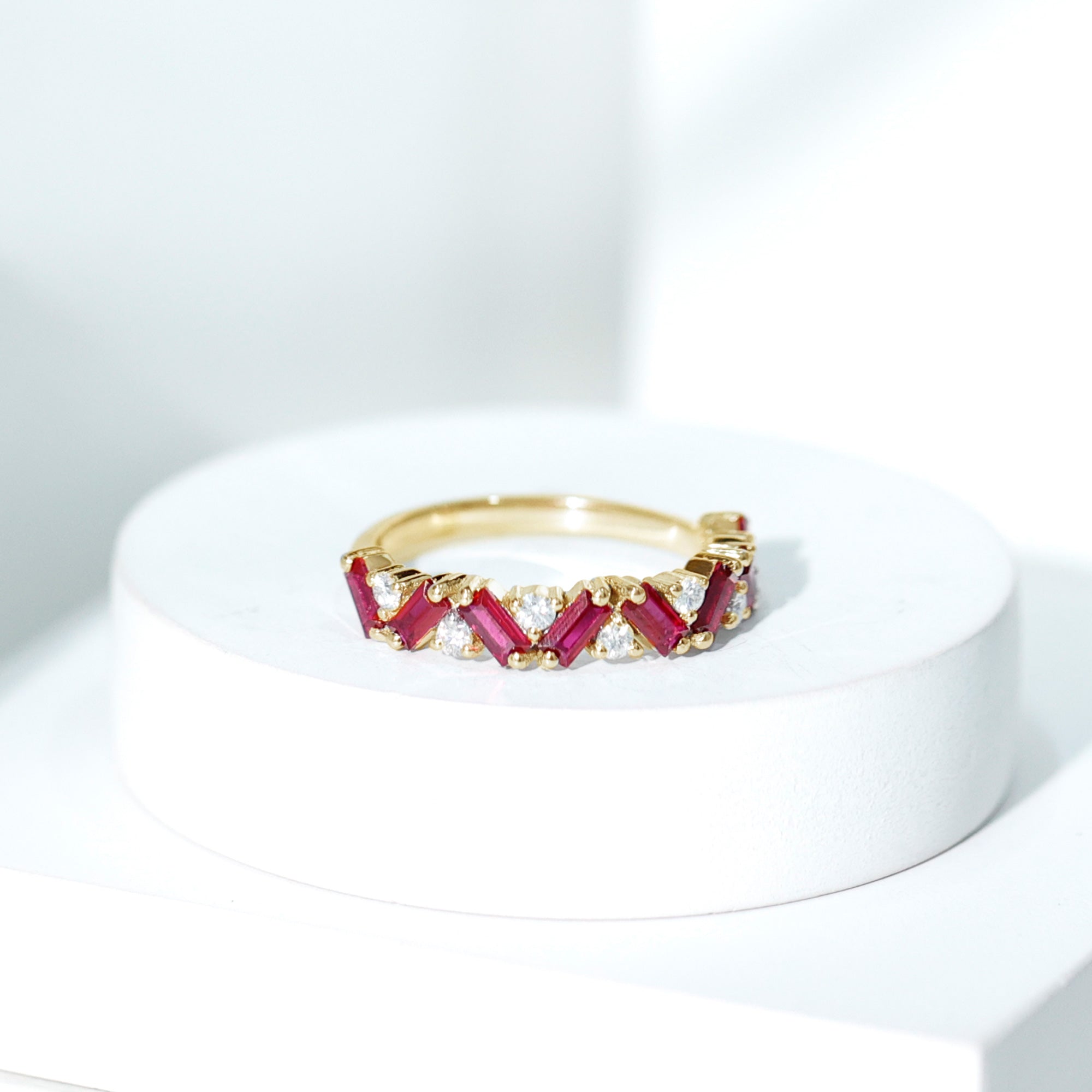 Baguette Shape Lab Grown Ruby Half Eternity Band with Diamond AAAA - Rosec Jewels