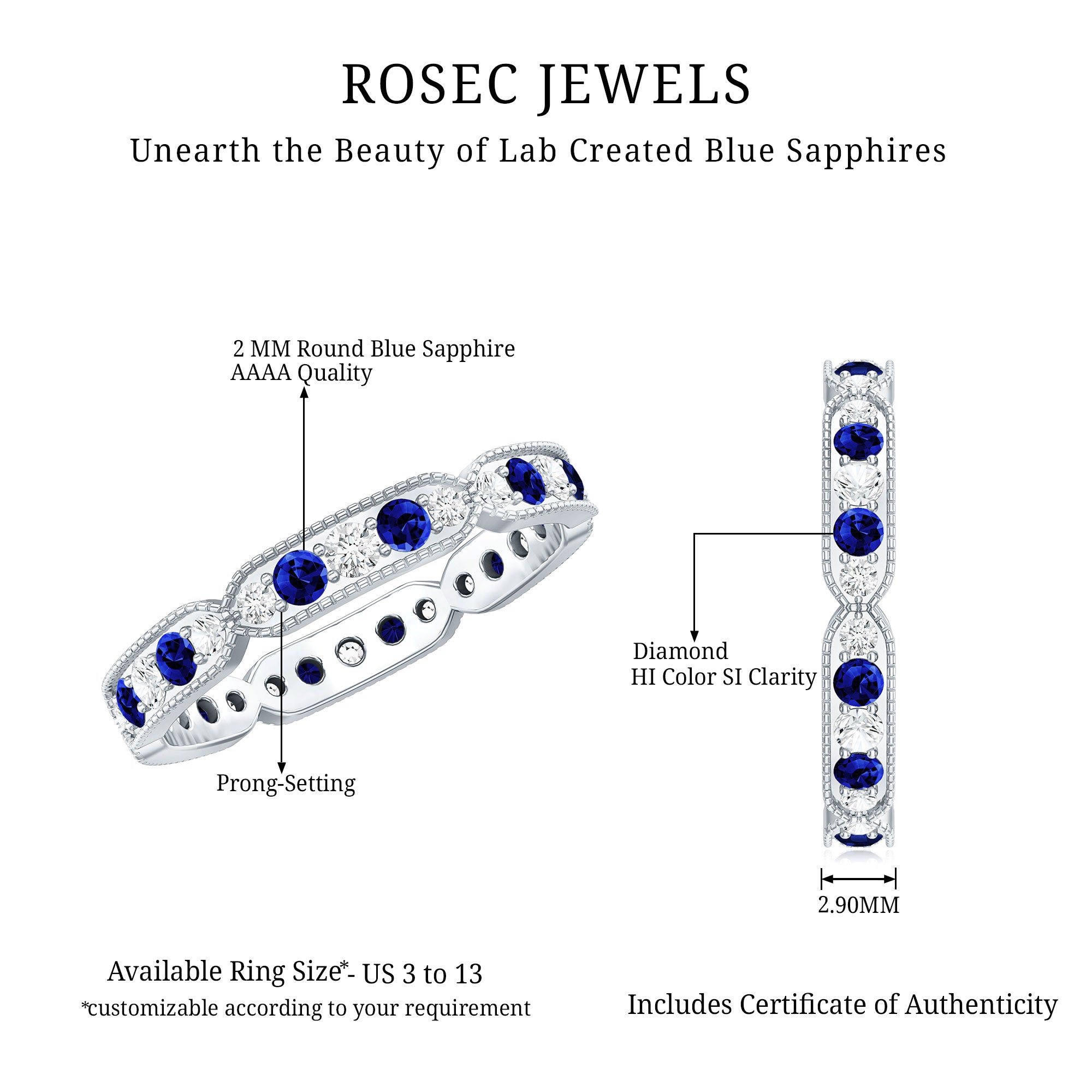 Certified Lab Grown Blue Sapphire Diamond Eternity Ring for Anniversary AAAA - Rosec Jewels