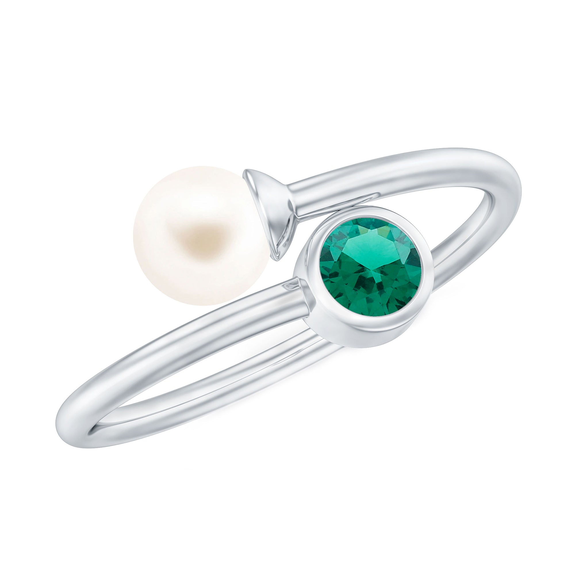 2 CT Freshwater Pearl Solitaire with Created Emerald Wedding Ring