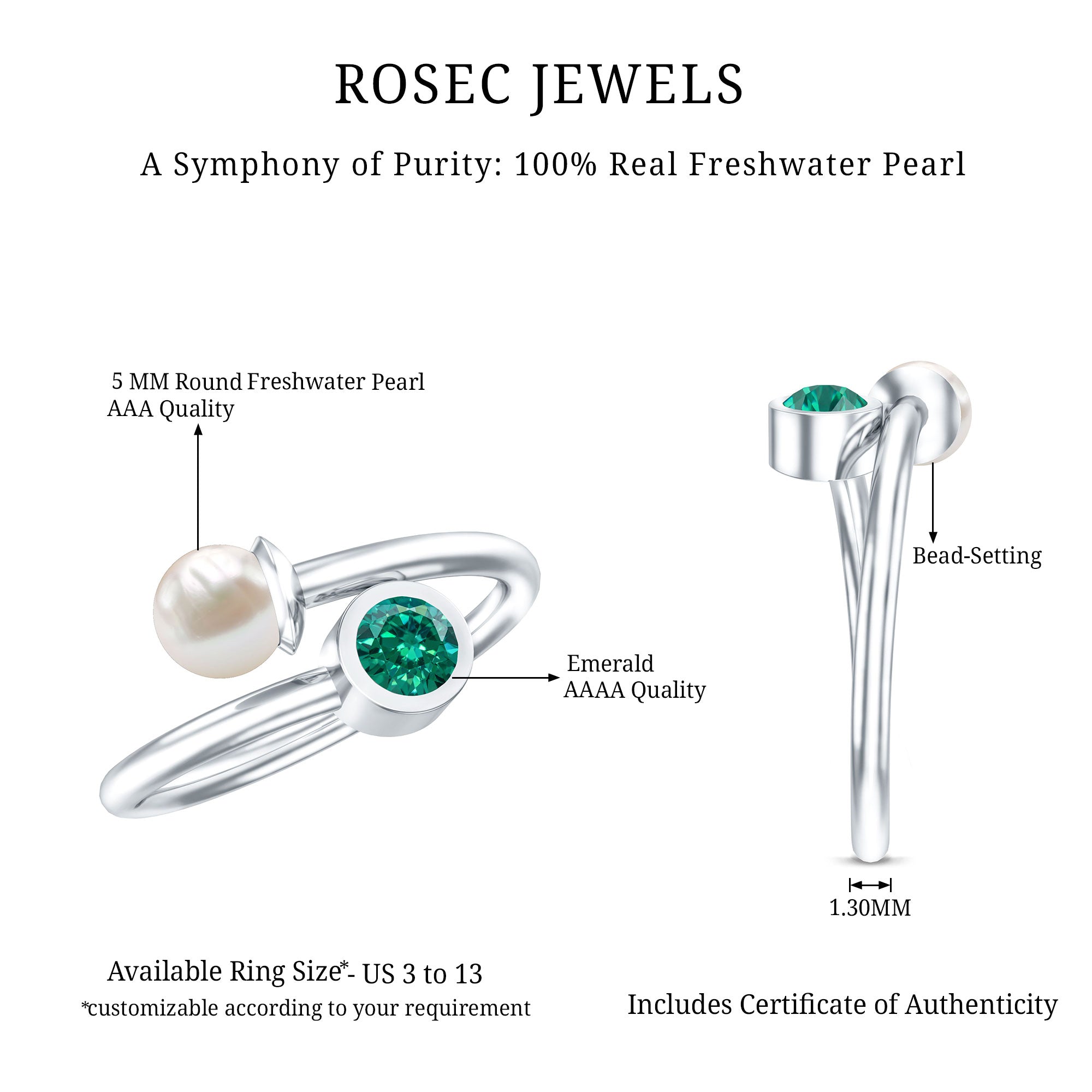 Freshwater Pearl Emerald Toi Et Moi Promise Ring AAA - Rosec Jewels
