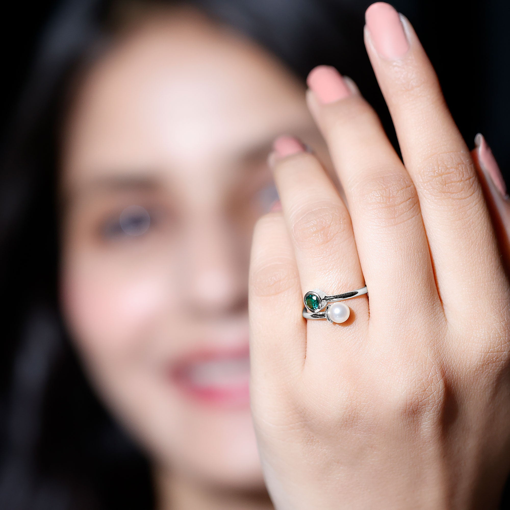Freshwater Pearl Emerald Toi Et Moi Promise Ring AAA - Rosec Jewels