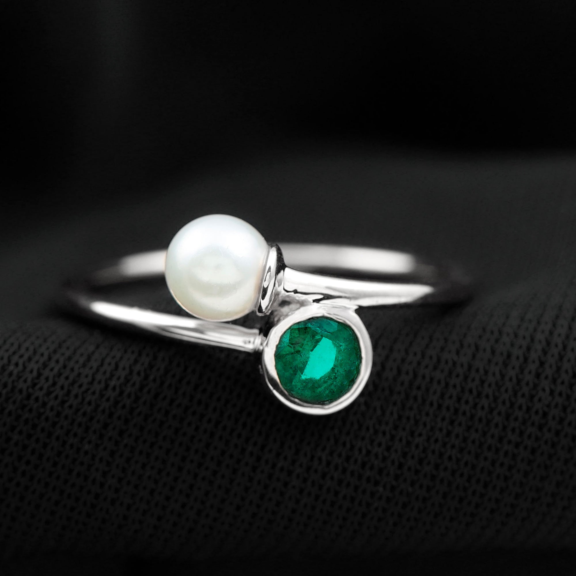 Freshwater Pearl Emerald Toi Et Moi Promise Ring AAA - Rosec Jewels