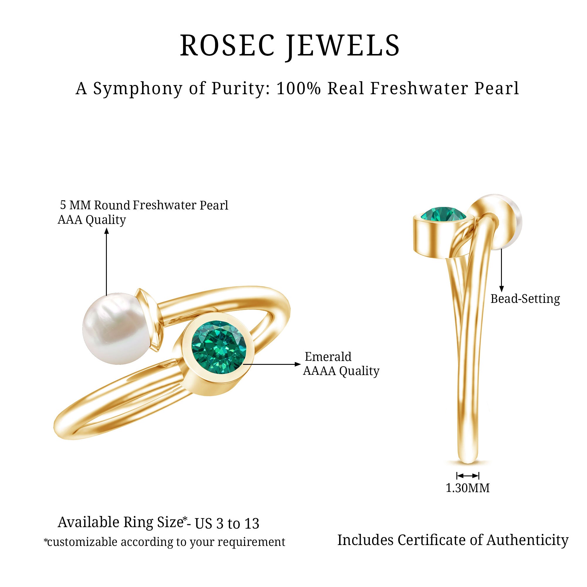 Freshwater Pearl Emerald Toi Et Moi Promise Ring AAA - Rosec Jewels
