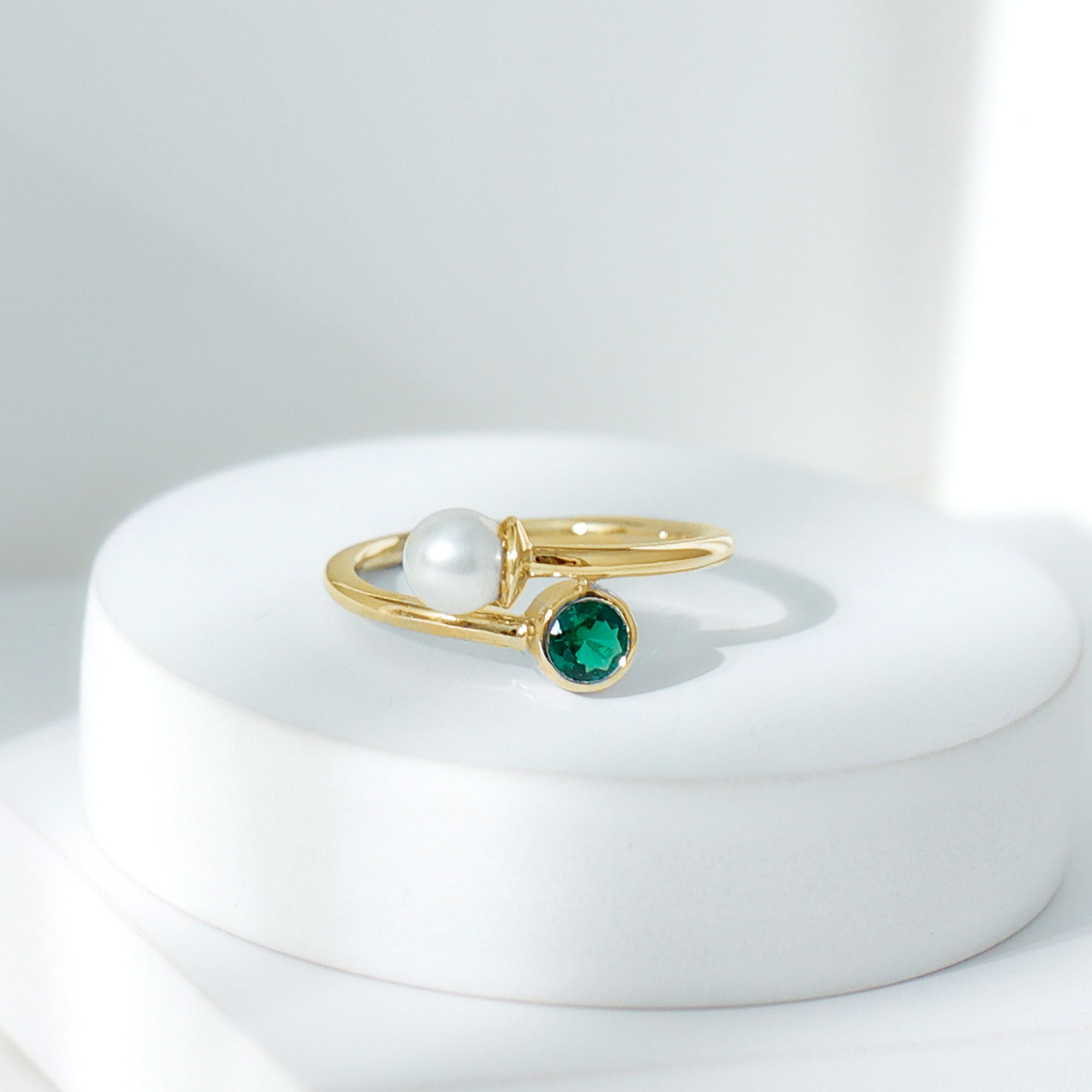 Freshwater Pearl Emerald Toi Et Moi Promise Ring AAA - Rosec Jewels