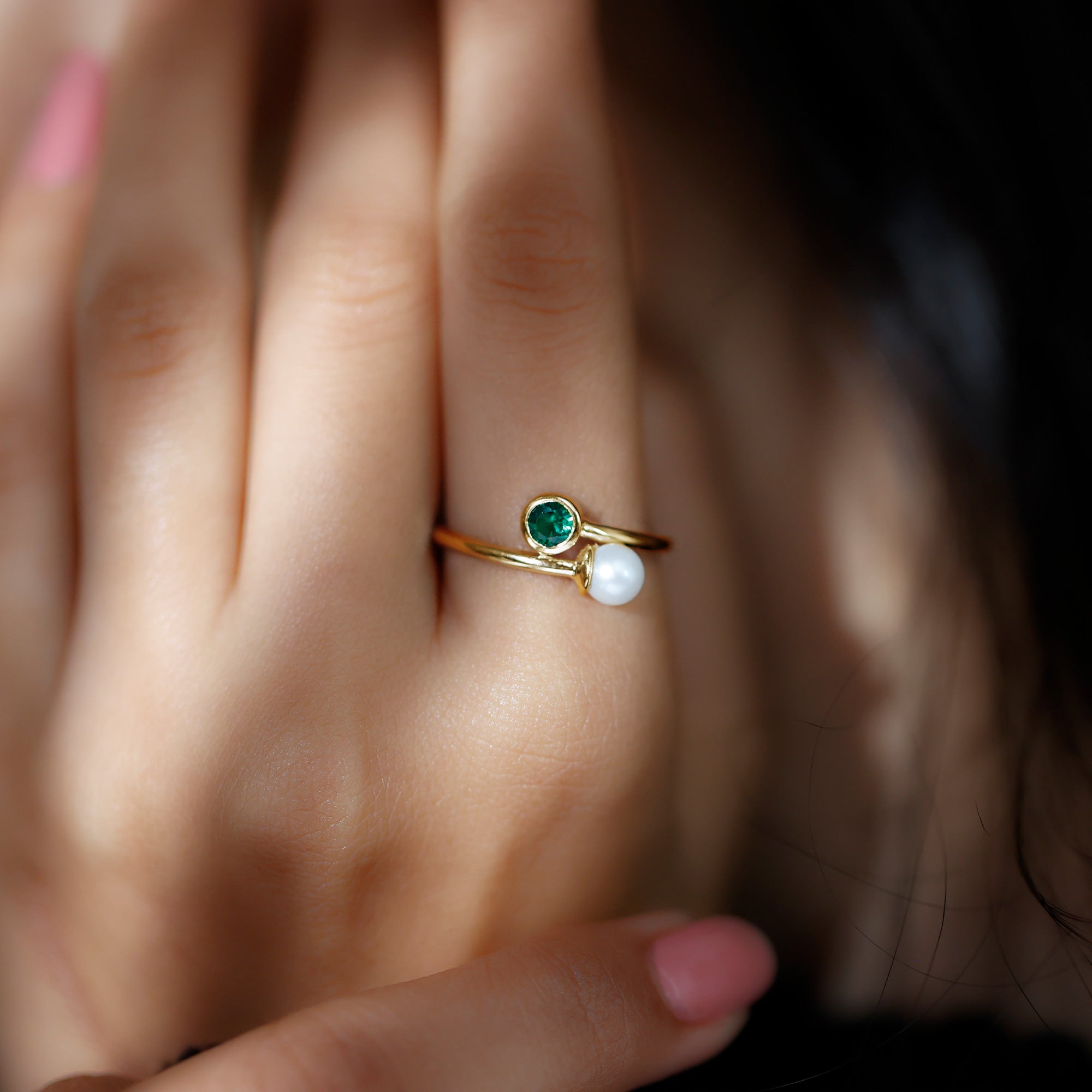 Freshwater Pearl Emerald Toi Et Moi Promise Ring AAA - Rosec Jewels