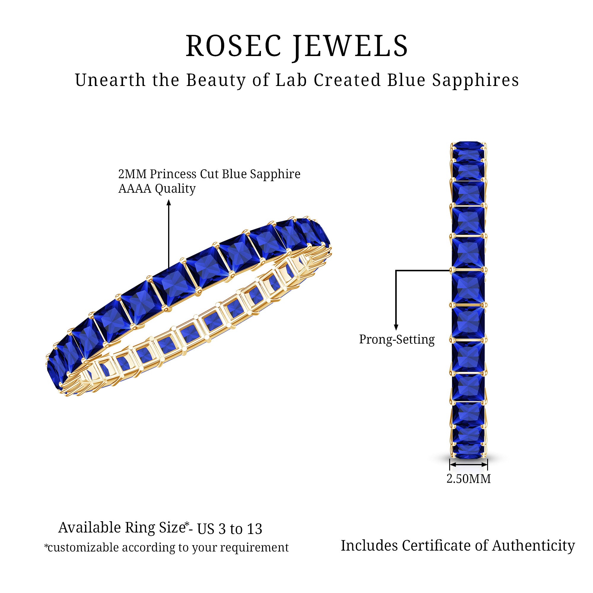 Princess Cut Certified Lab Created Blue Sapphire Full Eternity Ring AAAA - Rosec Jewels
