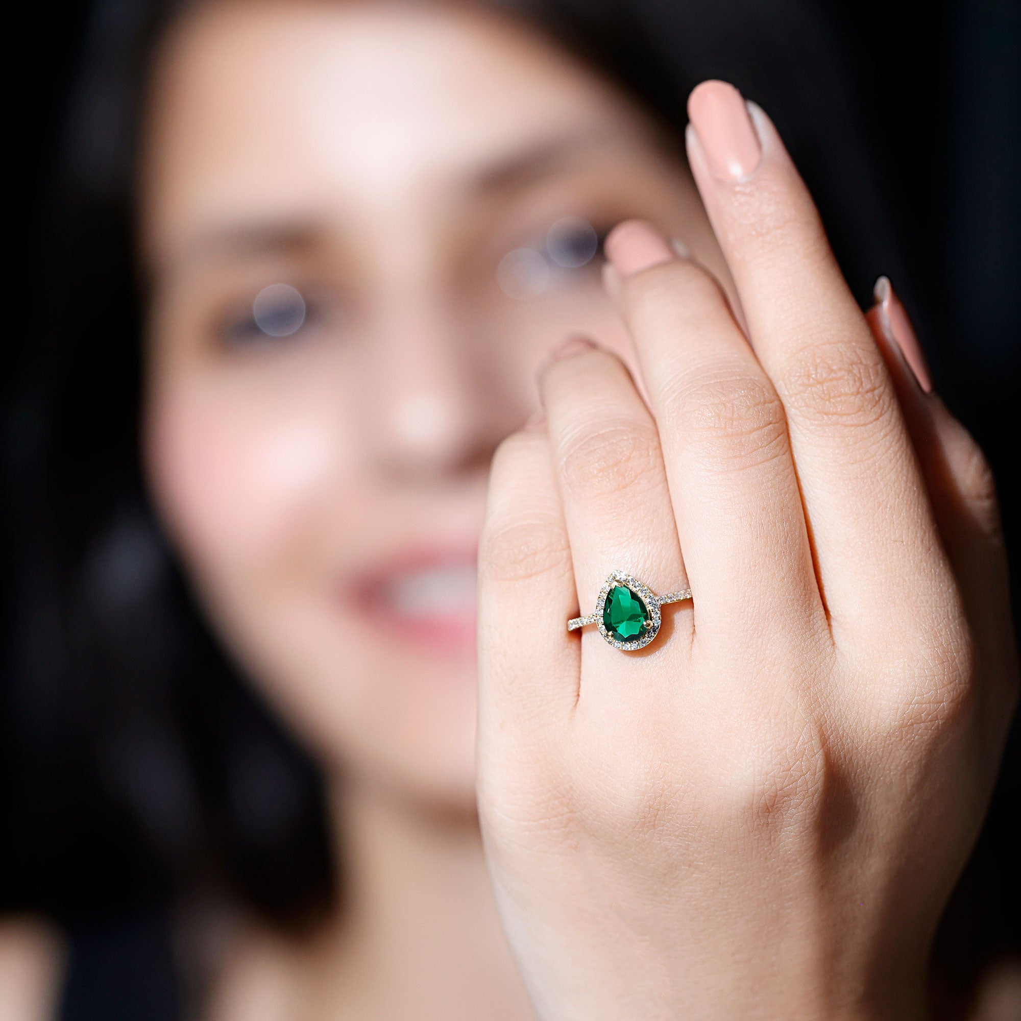 Certified Lab Grown Emerald Teardrop Engagement Ring with Diamond Halo AAAA - Rosec Jewels