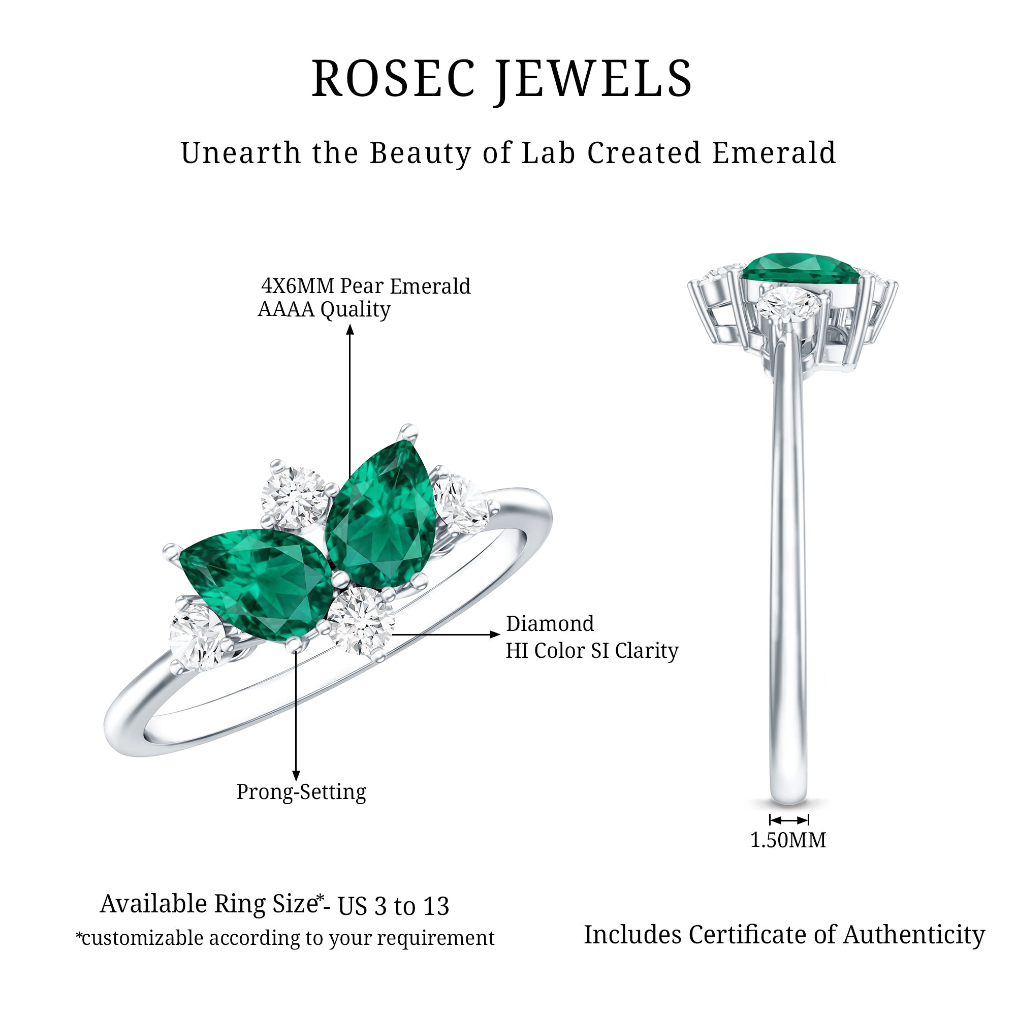 Designer Pear Shape Lab Grown Emerald Toi Et Moi Engagement Ring with Diamond AAAA - Rosec Jewels