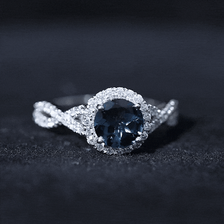 8mm Round London Blue Topaz Crossover Engagement Ring with Diamond Halo AAA - Rosec Jewels