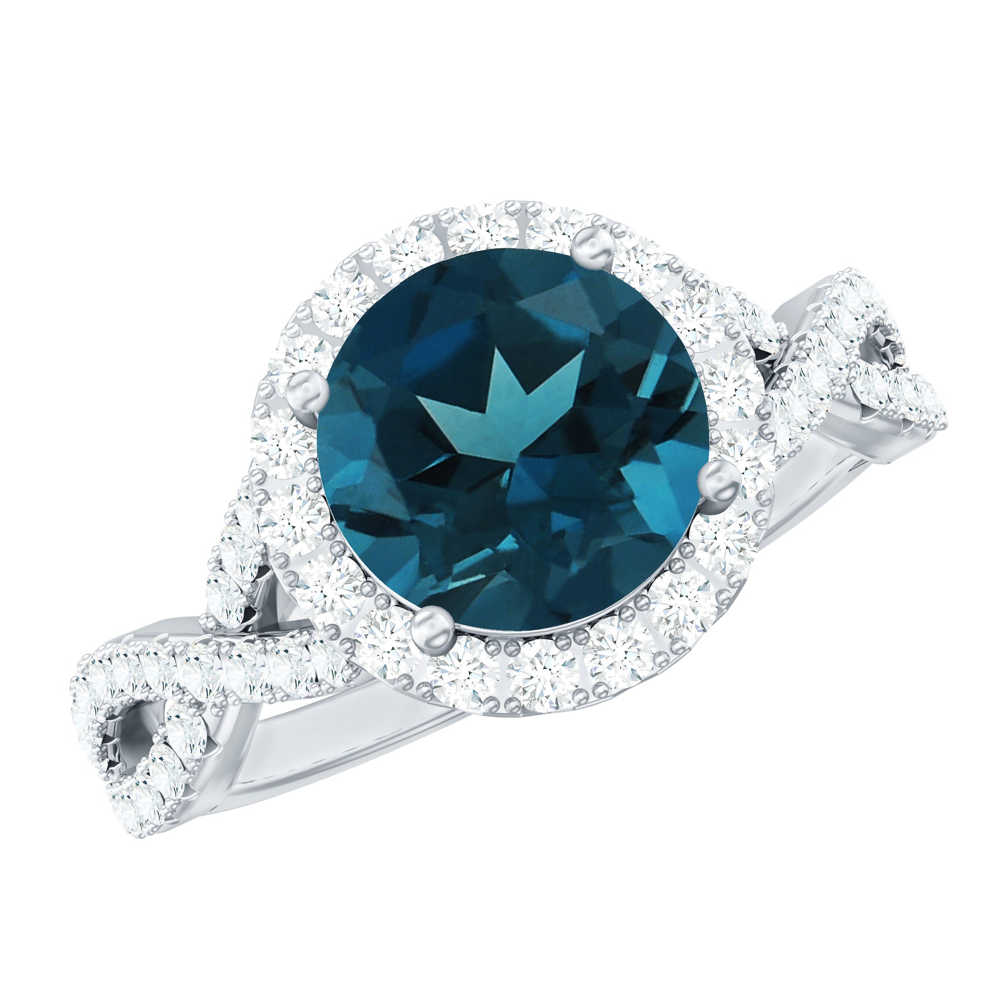 8mm Round London Blue Topaz Crossover Engagement Ring with Diamond Halo AAA - Rosec Jewels
