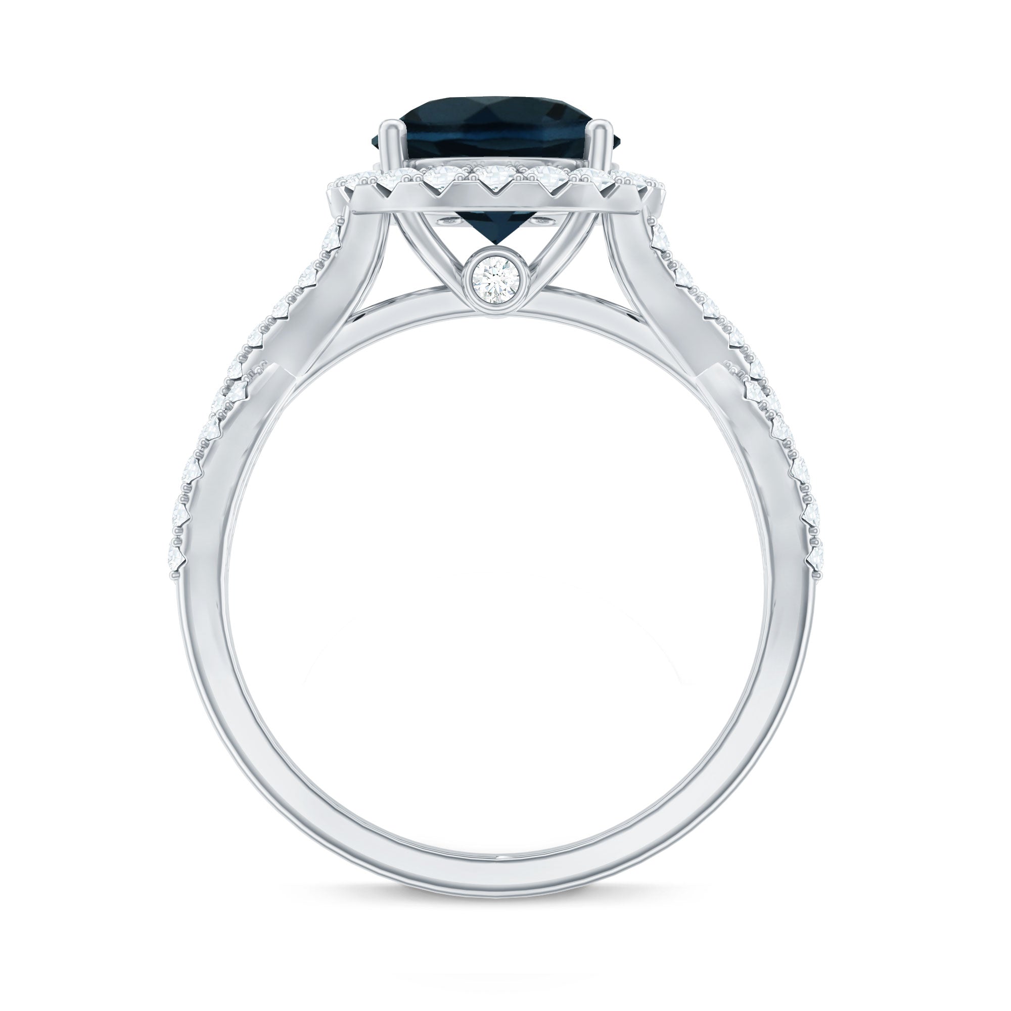 8mm Round London Blue Topaz Crossover Engagement Ring with Diamond Halo AAA - Rosec Jewels