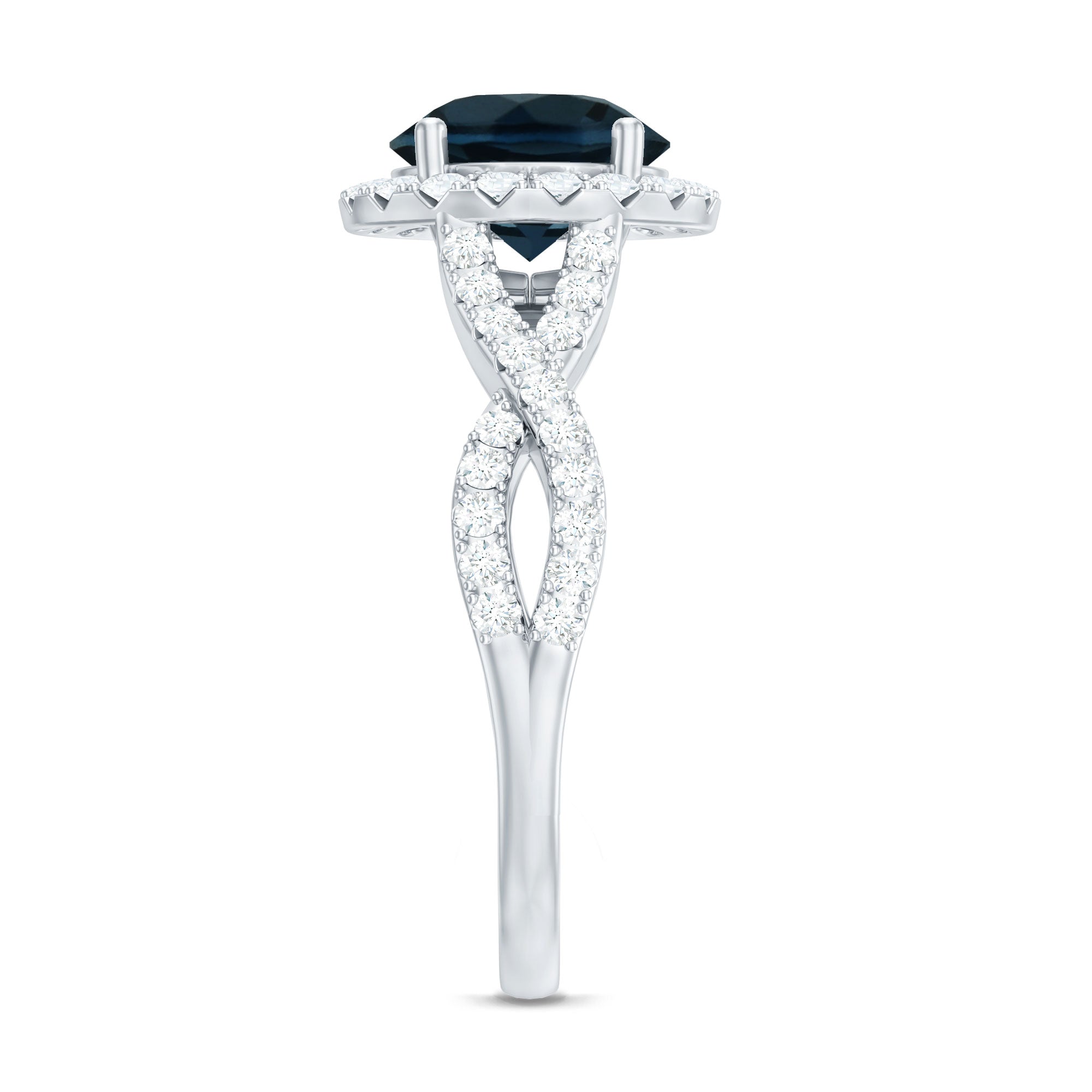 8mm Round London Blue Topaz Crossover Engagement Ring with Diamond Halo AAA - Rosec Jewels