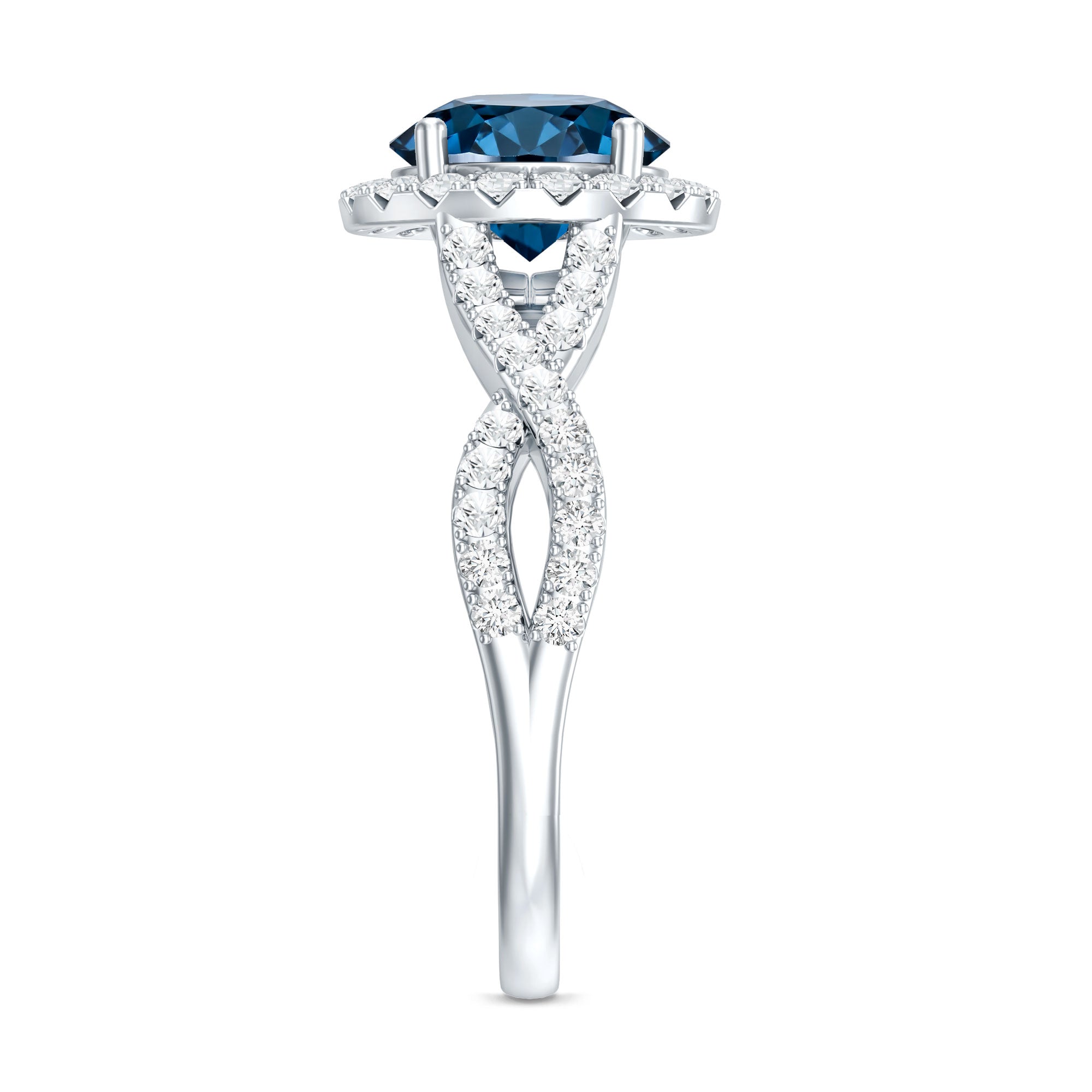 2 Carat Round London Blue Topaz Crossover Engagement Ring with Diamond Halo AAA - Rosec Jewels