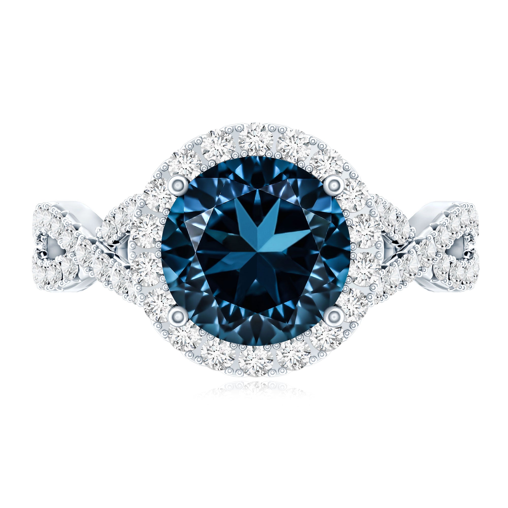 2 Carat Round London Blue Topaz Crossover Engagement Ring with Diamond Halo AAA - Rosec Jewels