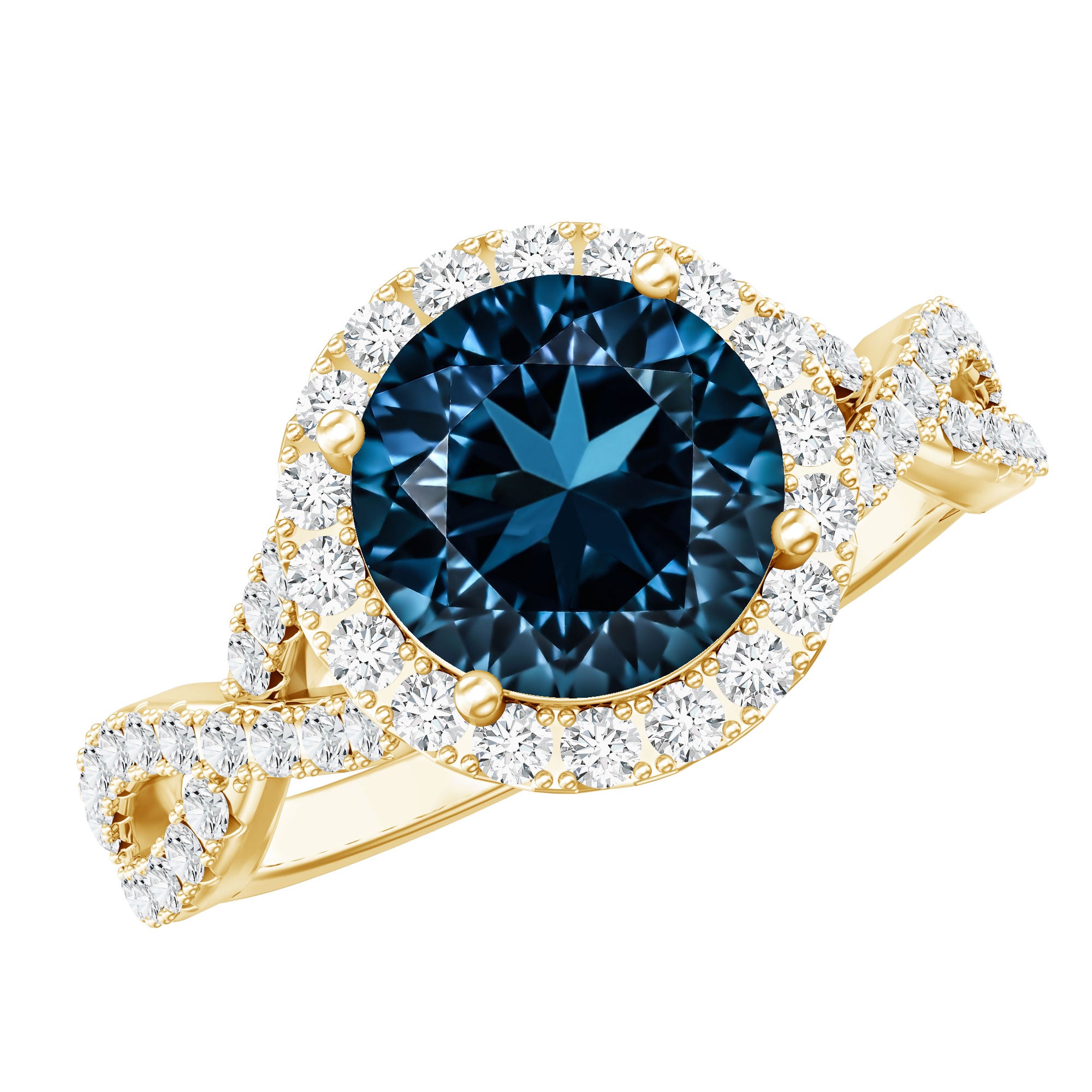 2 Carat Round London Blue Topaz Crossover Engagement Ring with Diamond Halo AAA - Rosec Jewels