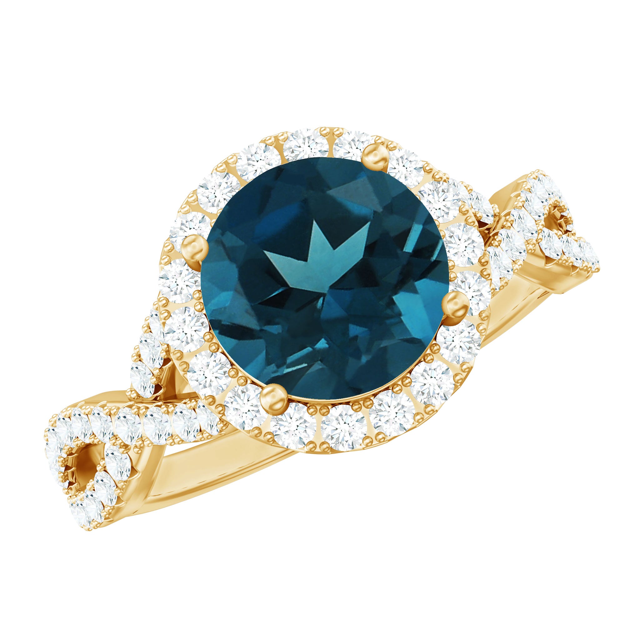 8mm Round London Blue Topaz Crossover Engagement Ring with Diamond Halo AAA - Rosec Jewels