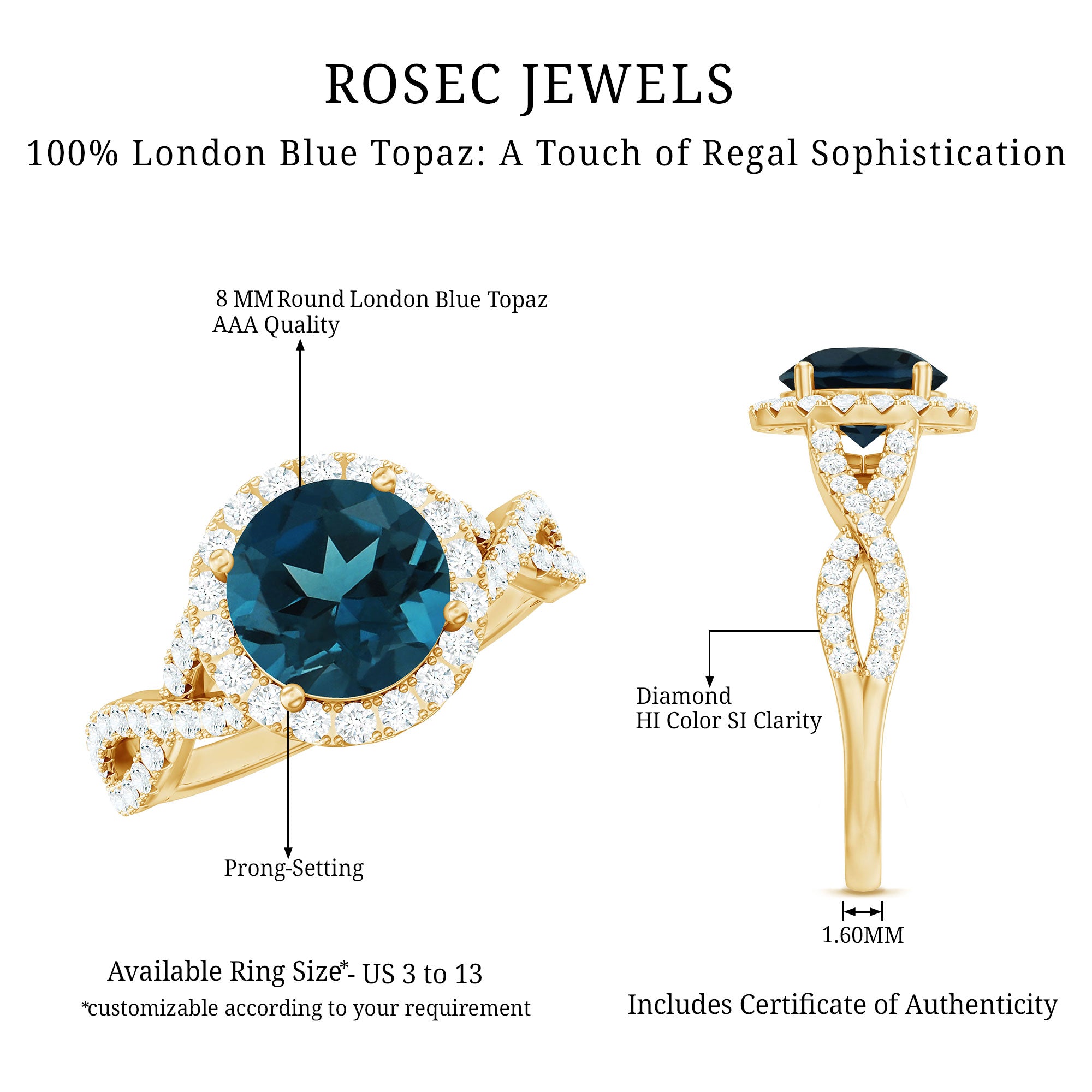 8mm Round London Blue Topaz Crossover Engagement Ring with Diamond Halo AAA - Rosec Jewels