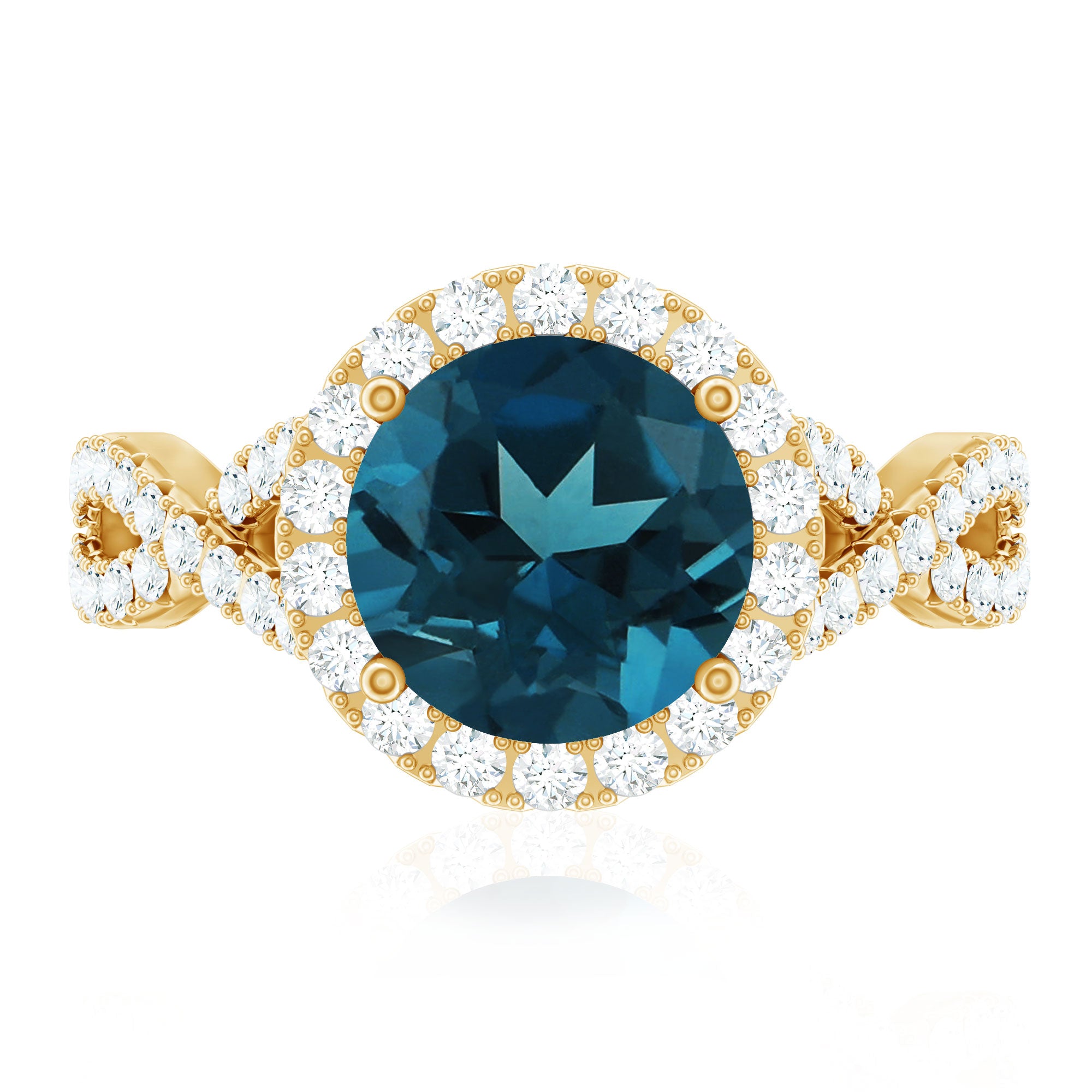 8mm Round London Blue Topaz Crossover Engagement Ring with Diamond Halo AAA - Rosec Jewels