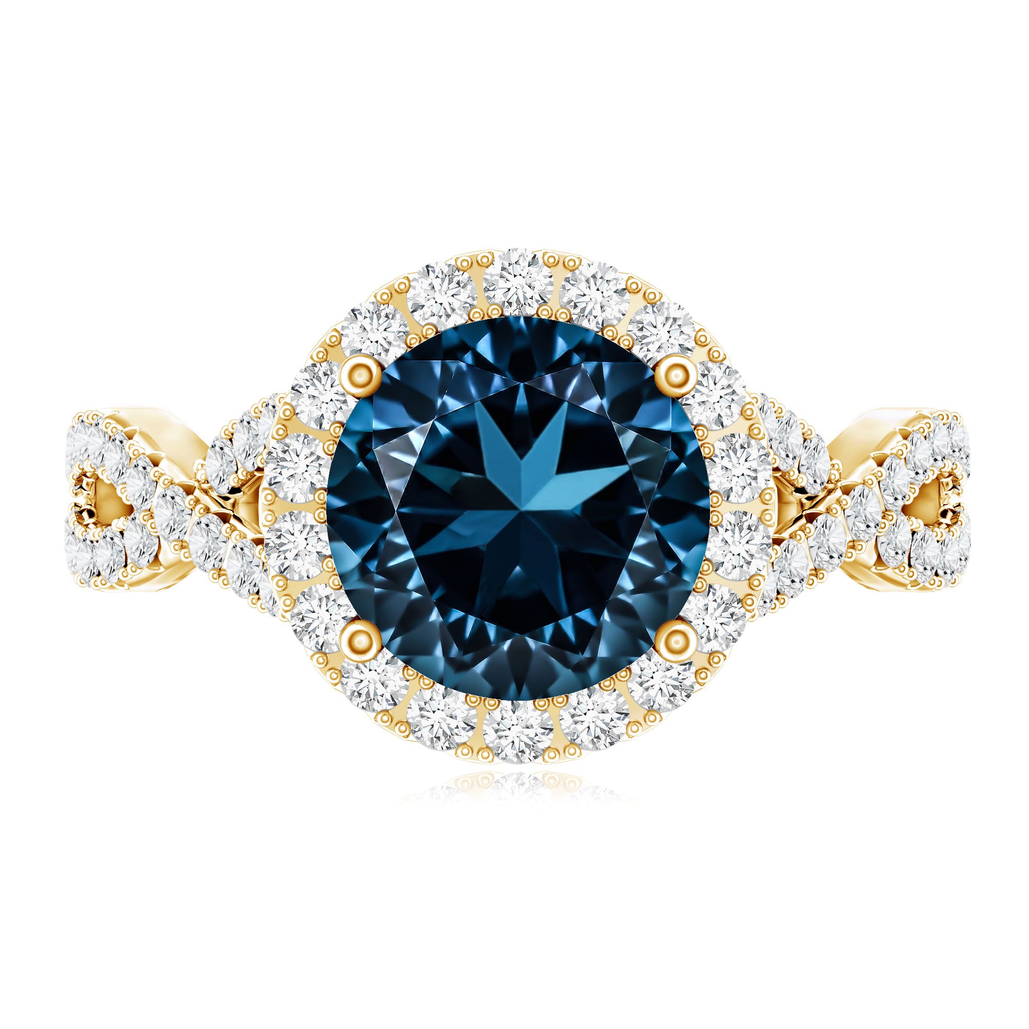 2 Carat Round London Blue Topaz Crossover Engagement Ring with Diamond Halo AAA - Rosec Jewels