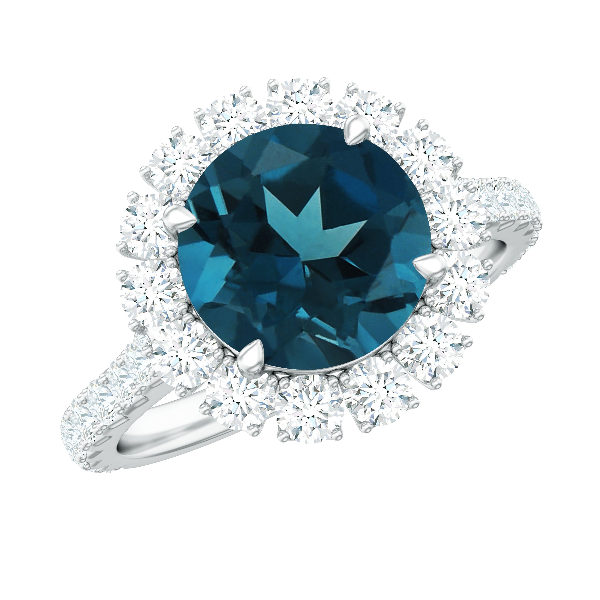8mm Round London Blue Topaz Halo Engagement Ring with Moissanite AAA - Rosec Jewels