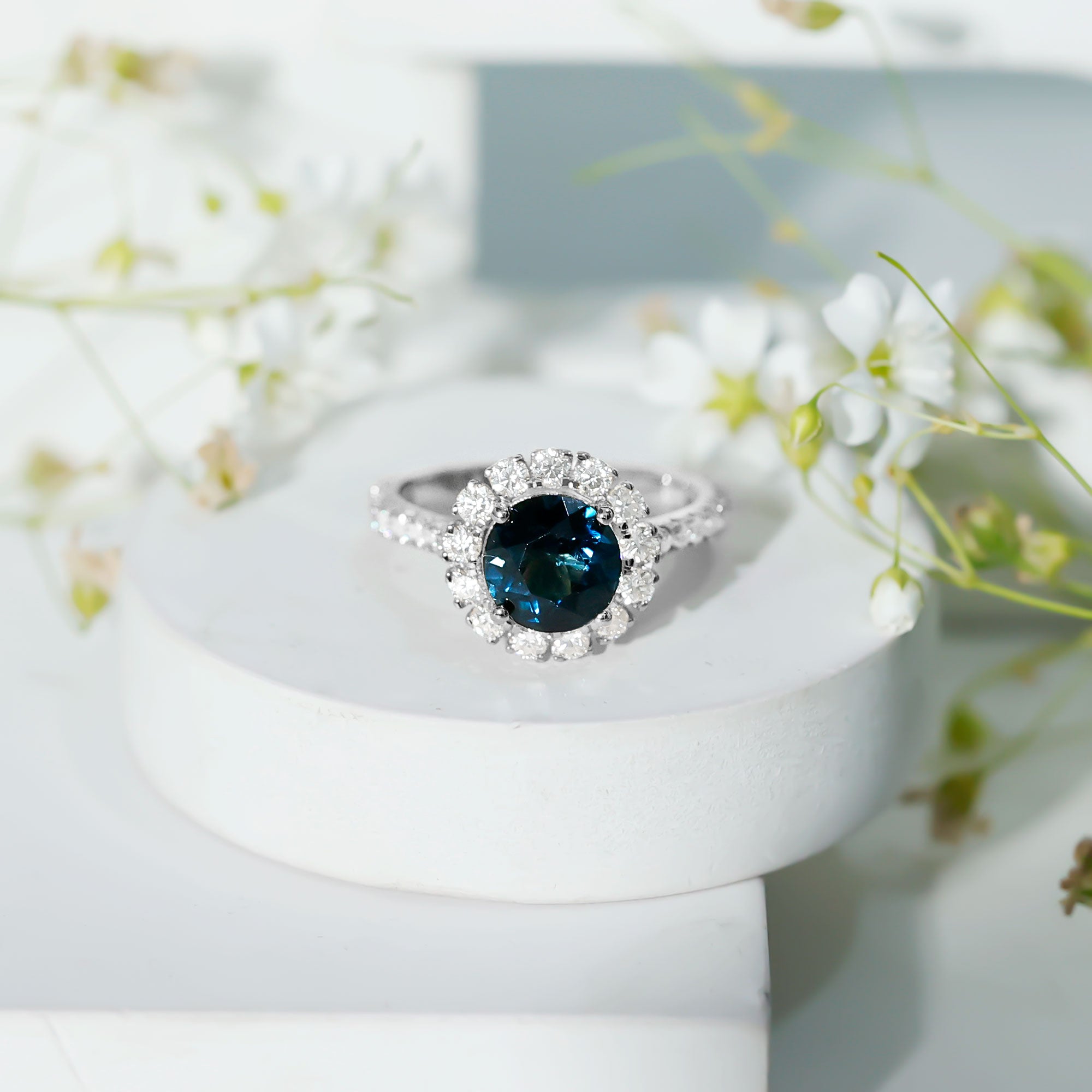 8mm Round London Blue Topaz Halo Engagement Ring with Moissanite AAA - Rosec Jewels