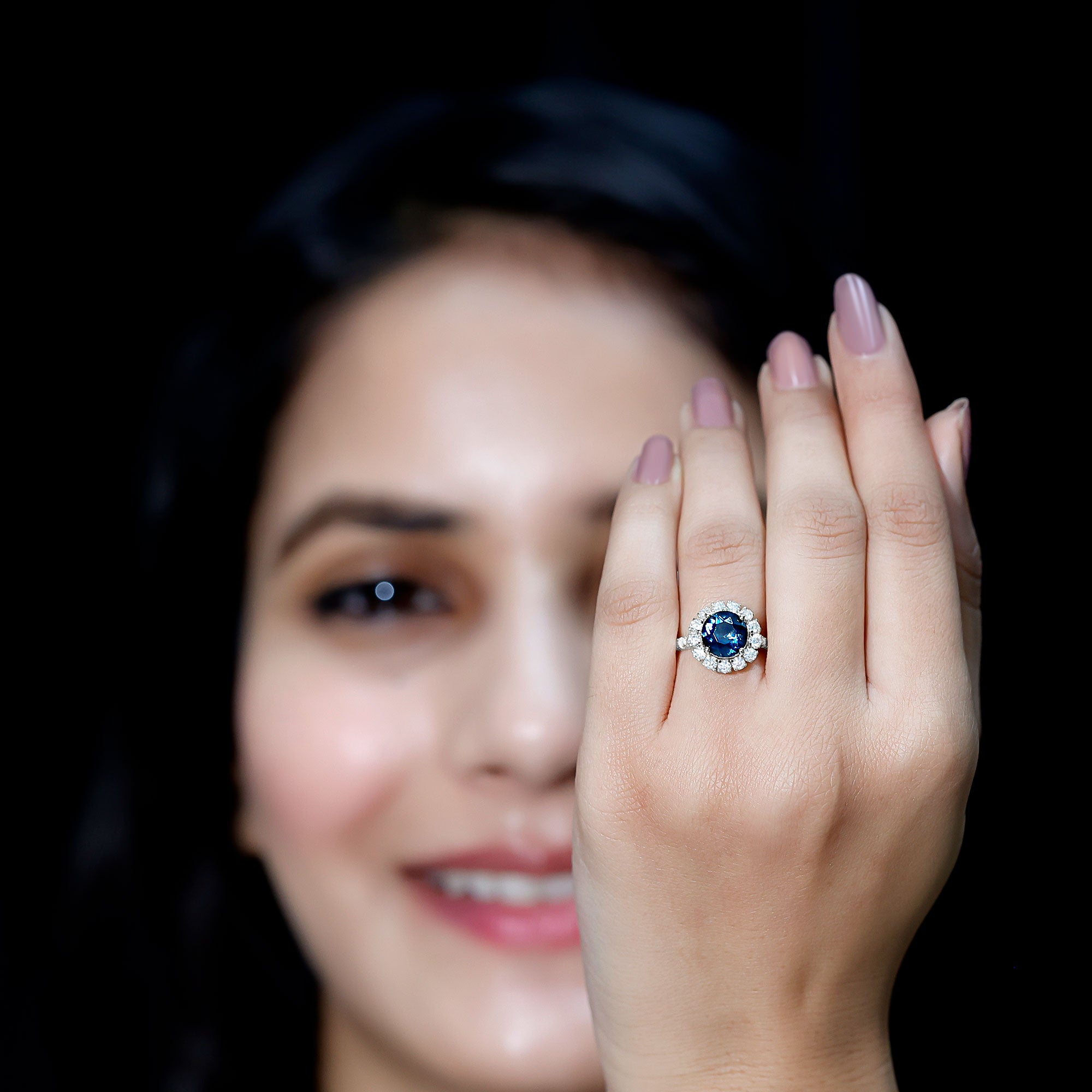 8mm Round London Blue Topaz Halo Engagement Ring with Moissanite AAA - Rosec Jewels