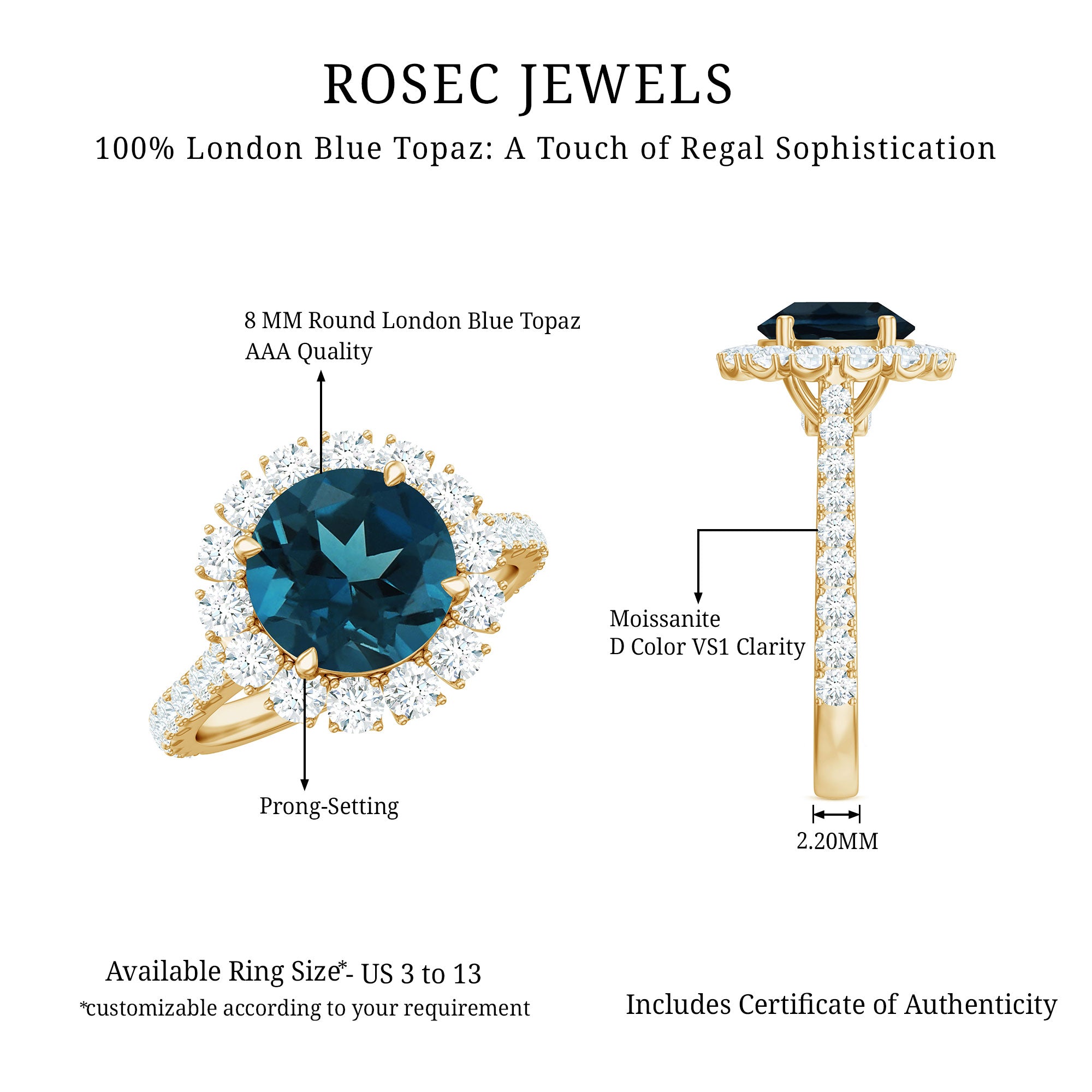 8mm Round London Blue Topaz Halo Engagement Ring with Moissanite AAA - Rosec Jewels