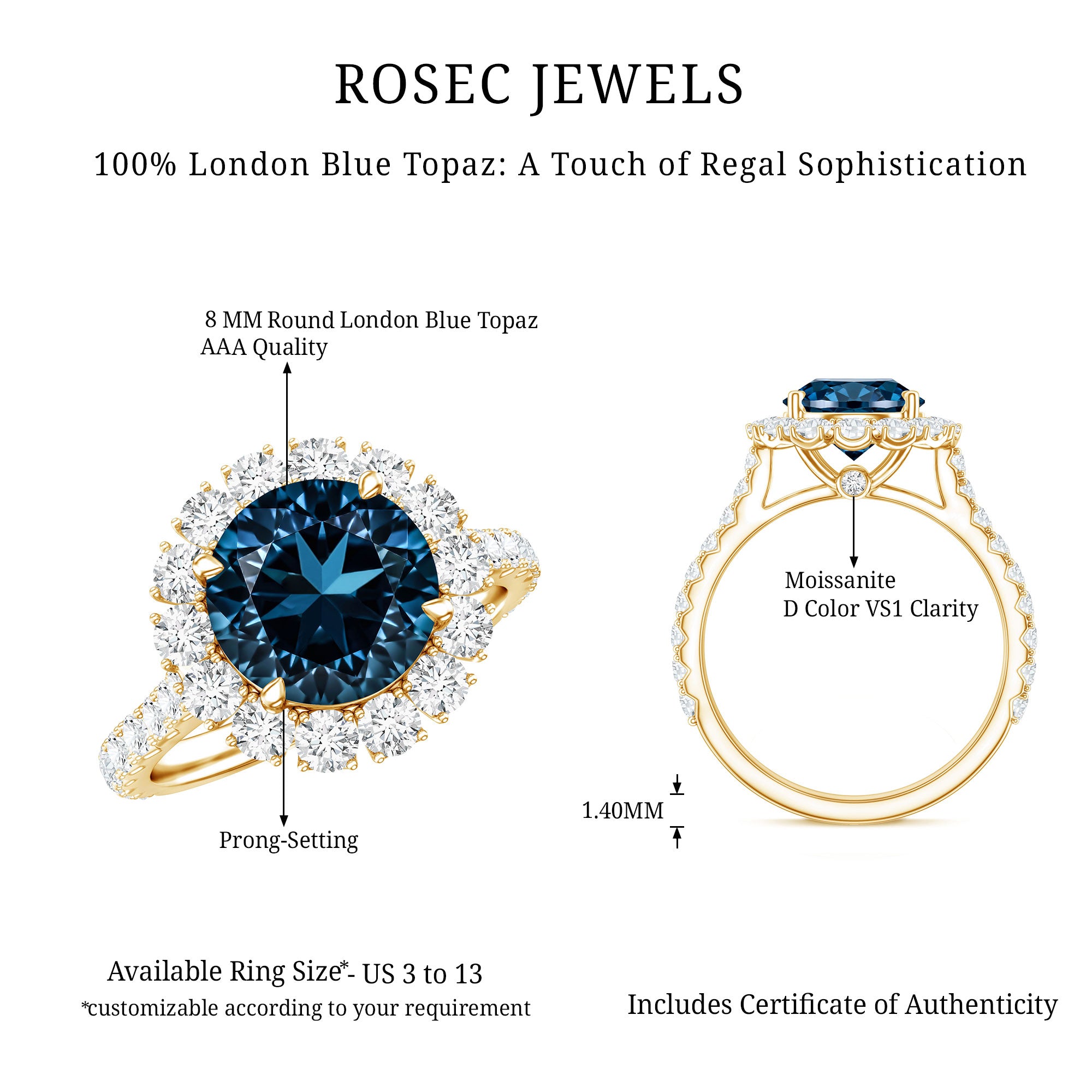 2 Carat Round London Blue Topaz Halo Engagement Ring with Moissanite AAA - Rosec Jewels