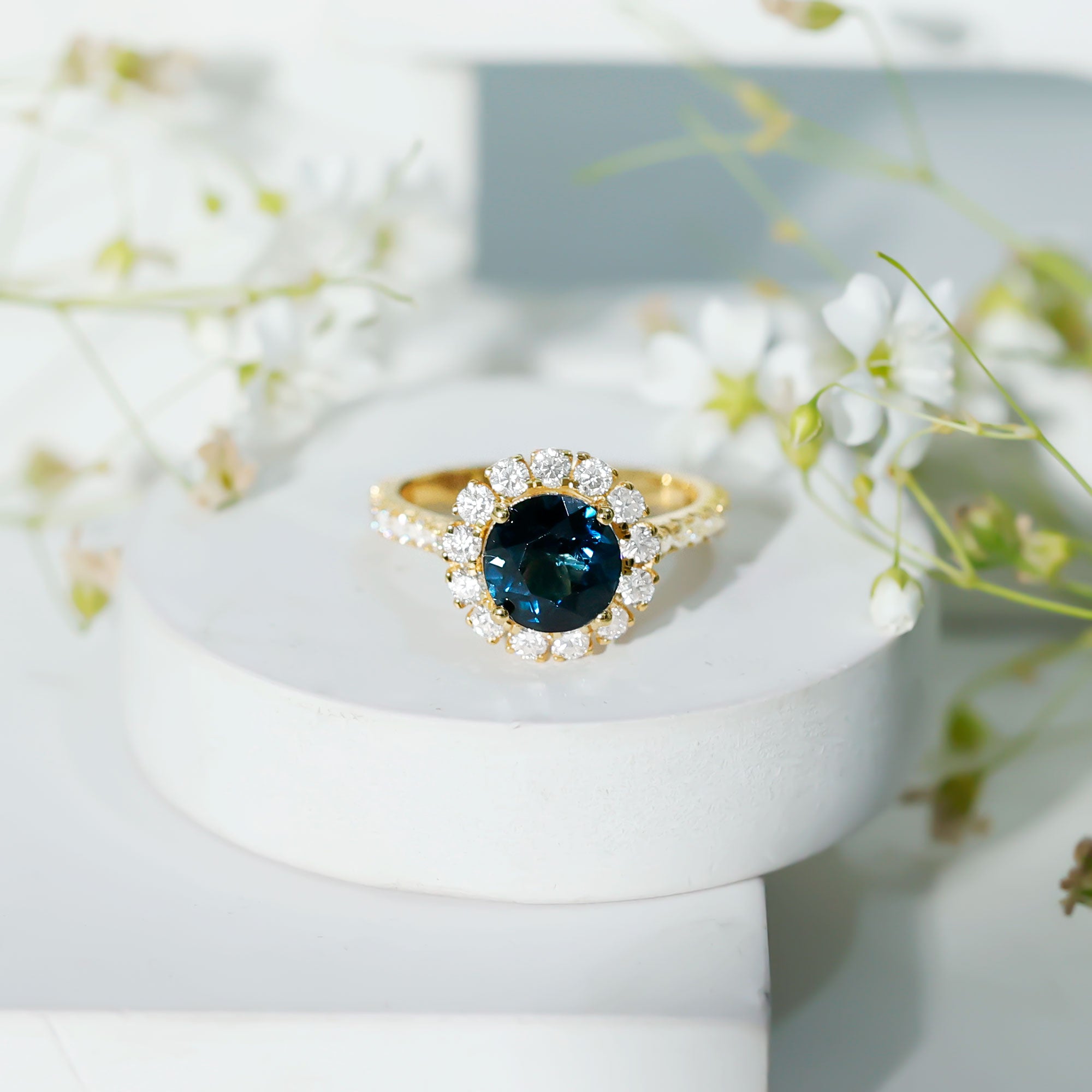 2 Carat Round London Blue Topaz Halo Engagement Ring with Moissanite AAA - Rosec Jewels